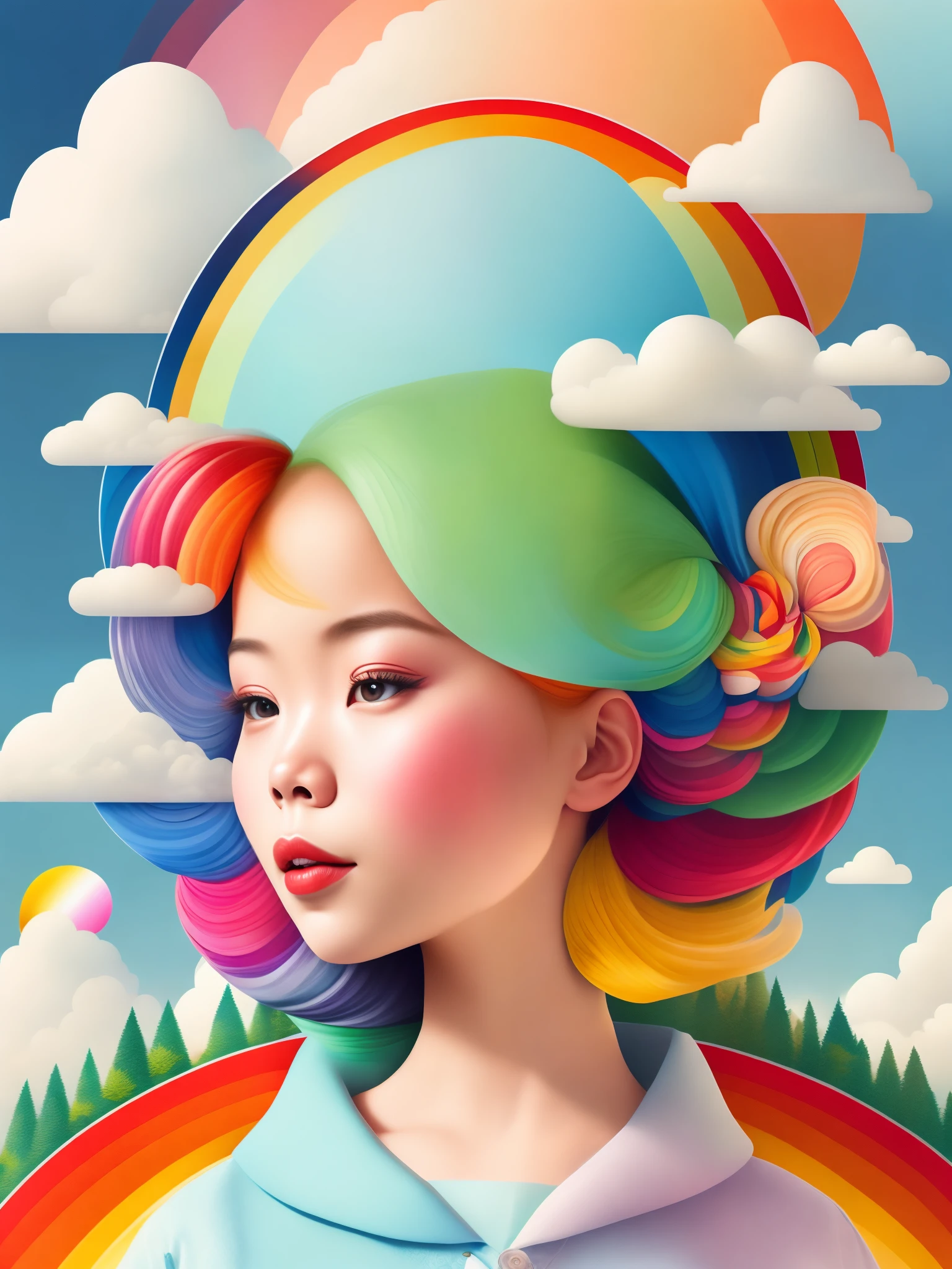 （masterpiece，best quality：1.2），art illustration，girl portrait，Often neck，Hair covered with clouds，Baiyun，rainbow，composition，stitching，trees，rainbow，Contrasting colors，Spring landscape，Abstract surreal colors，rich and colorful，pop geometric surrealism，rainbow色的梦想，icon design，Rozmin trip，vector art，