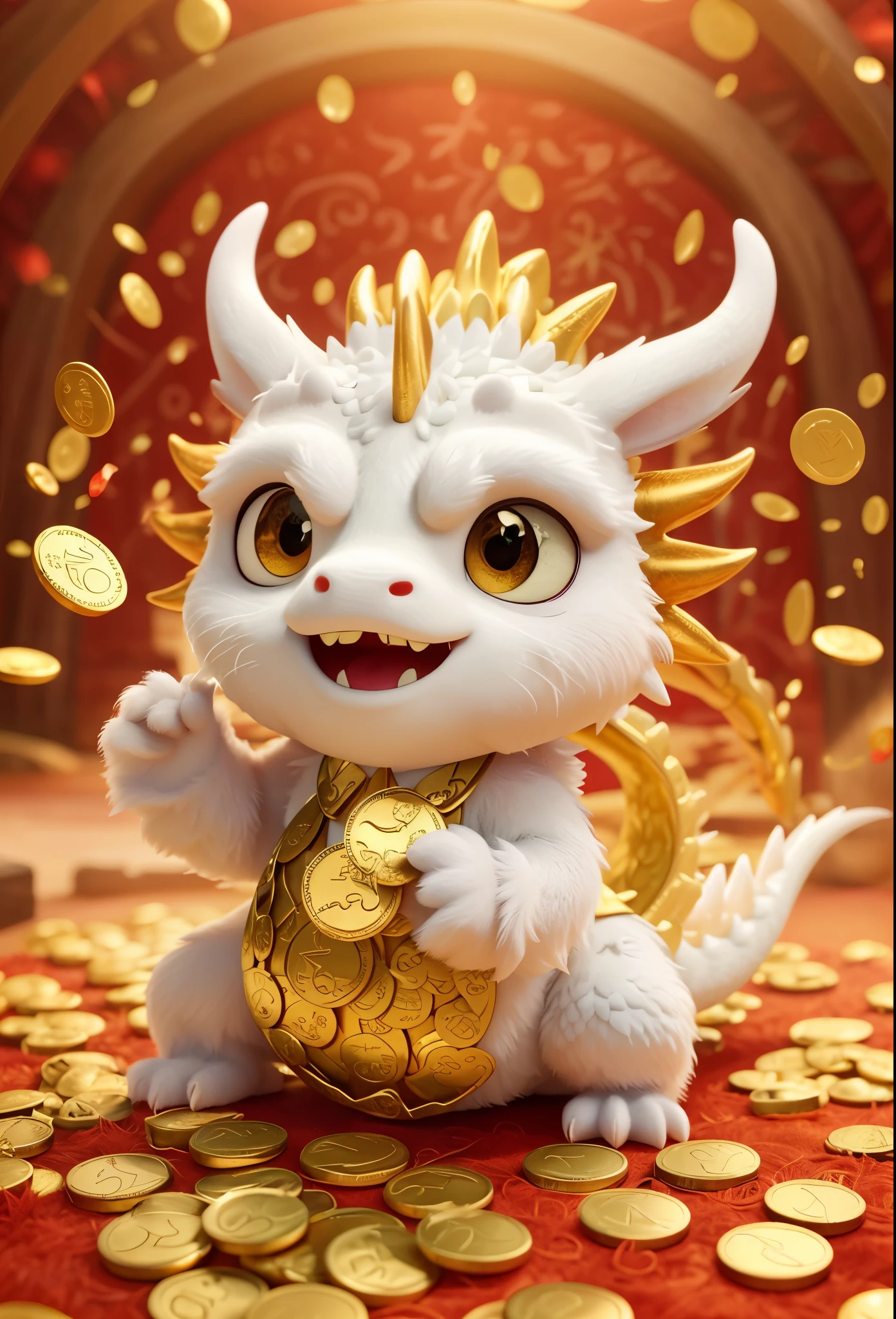 Chinese dragon grabs gold coins。