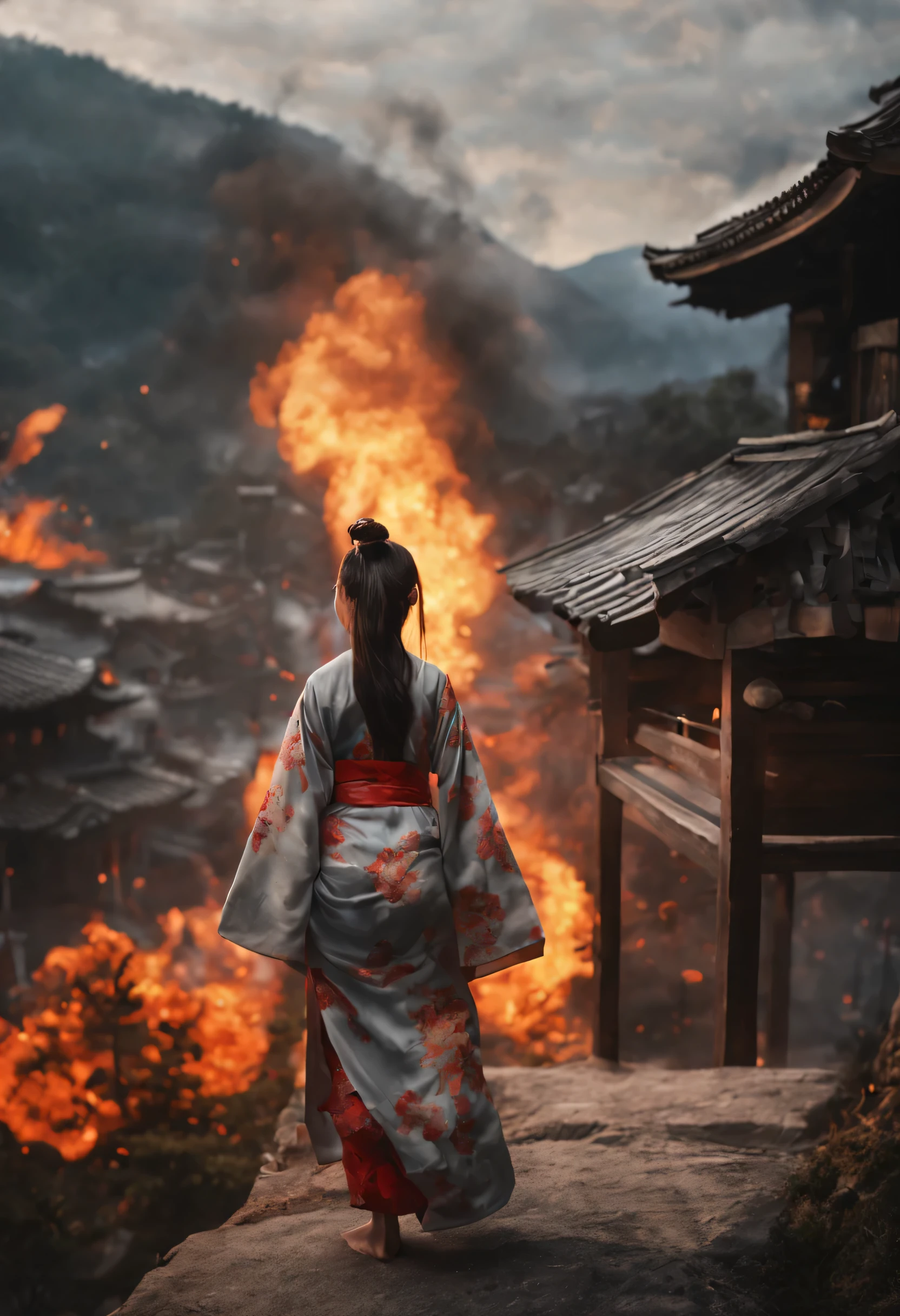 1girl,japanese girl wear a long kimono on a mountain from behind view, one long leg is naked, long hair tail , looking down a chinese village burning on fire, (smoke), (ultra realistic),cinematic, (far view)