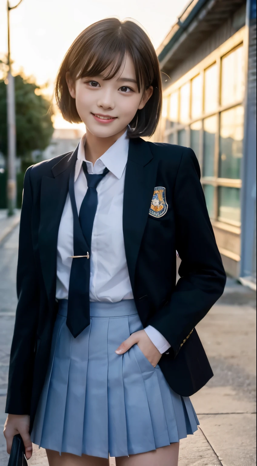 (highest quality,8K quality,masterpiece:1.3),(Super high resolution,Photoreal:1.4,Raw photo),(super detailed,caustics,detailed background),(ultra-realistic capture,Beautifully detailed skin,perfect ???????),at dusk,sunset sky,school building,schoolyard,18-year-old,cute,single eyelid,black short bob,School Blazer Uniform,look at the camera,laughter,bust up shot,natural soft light