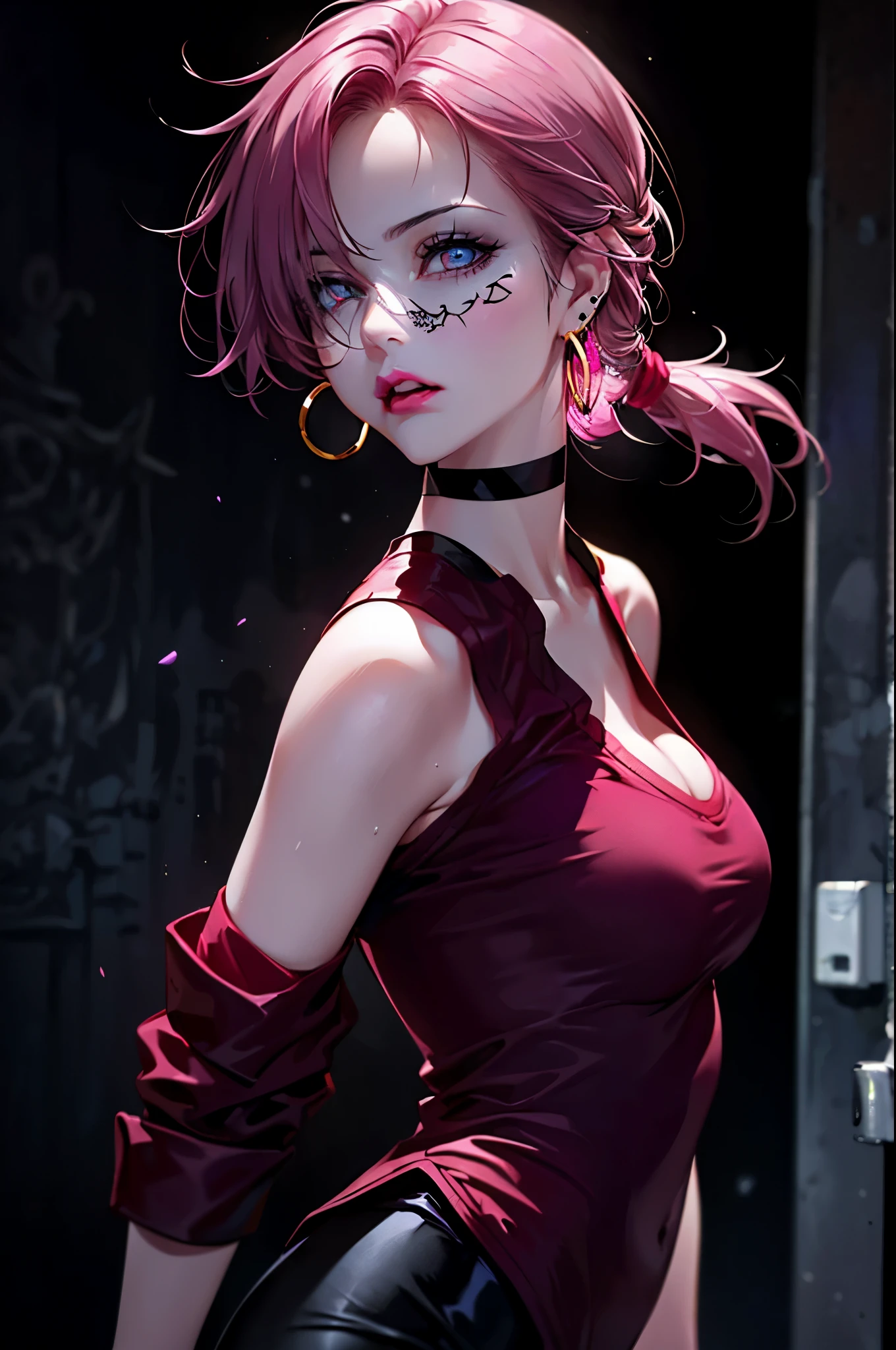 hair above one eye, red eyes, clear eyes, choker, open jacket, towards the wall,shineing grafiti, shineing tattoos, shine, neon light, Black light,anime style, movieポートレート写真, 1 female, 22 years ago, Full body Esbian,Blue eyes background, big and full breasts, anger, (scarlet colored hair), long hair, purple eyes, wearing a short black dress, (natural skin texture vivid details, surreal, (realistic detailed eyes, natural skin texture, realistic facial details), soft and dramatic lighting, Depth of written boundary, Bokeh, vivid details, surreal, 35mm movie, hazy blur, movie,lipstick, ear piercing, eye shadow, hoop earrings, Red-pink lips, 多色のred eyes, purple theme,Wear an iridescent aura,beautiful eyes,stand in front of the red gate、bold pose、decide on a pose,upper ponytail,Hanging bangs