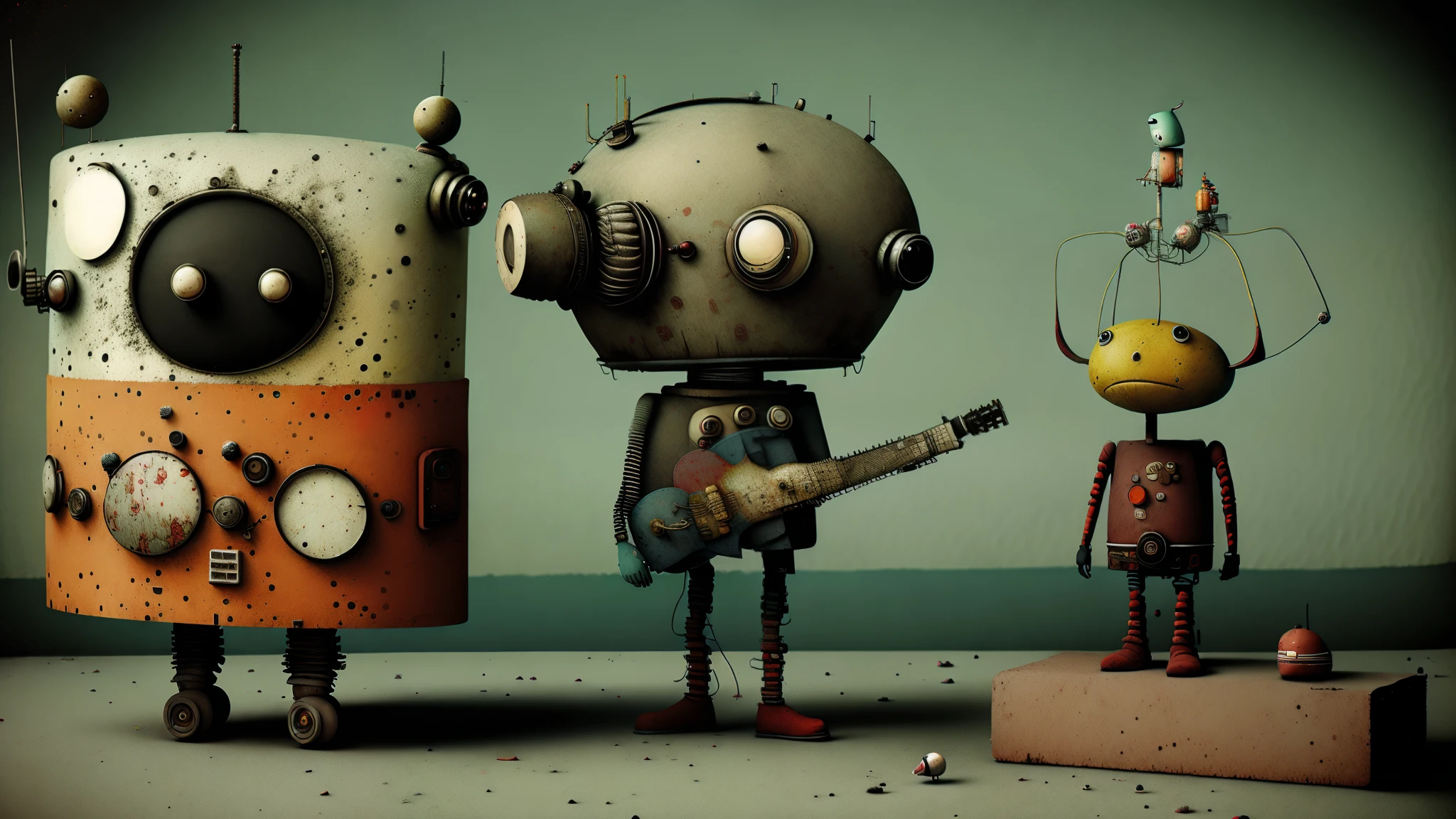 retro bipedal robot, earth color, punk, Happy, Optimistic, don hertzfeldt, Hieronymus Bosch, Gabriel Pacheco、(((attic background)