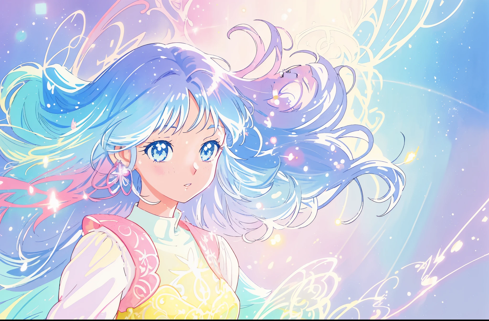 beautiful anime girl, portrait, vibrant pastel colors, (colorful), magical lights, long flowing colorful hair, inspired by Glen Keane, inspired by Lois van Baarle, disney art style, by Lois van Baarle, glowing aura around her, by Glen Keane, jen bartel, glowing lights! digital painting, flowing glowing hair, glowing flowing hair, beautiful digital illustration, fantasia background, whimsical, magical, fantasy, beautiful face, ((masterpiece, best quality)), intricate details, highly detailed, sharp focus, 8k resolution, sparkling detailed eyes, liquid watercolor