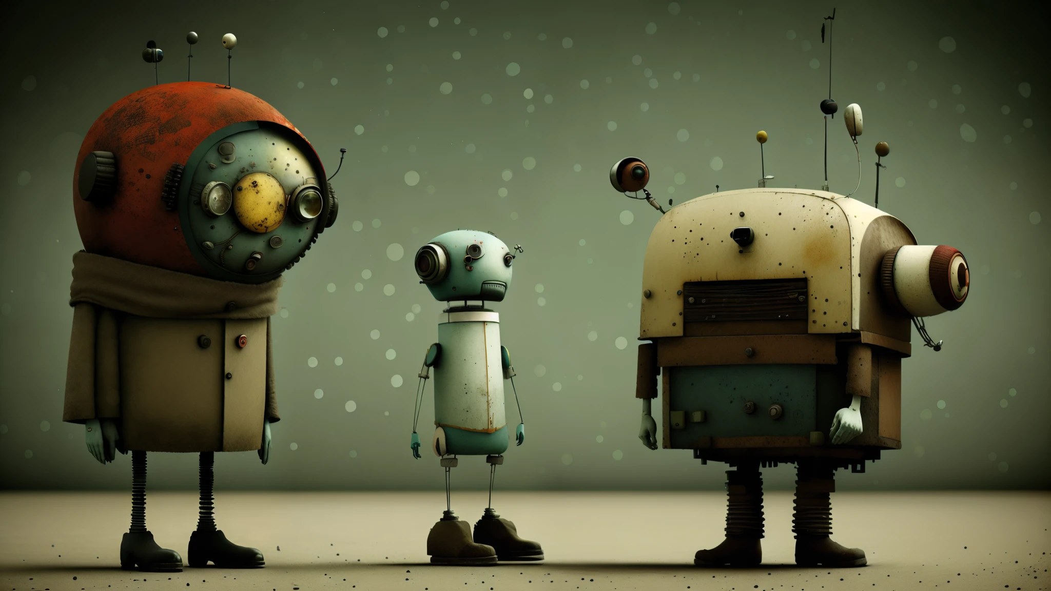 retro bipedal robot, earth color, punk, Happy, Optimistic, don hertzfeldt, Hieronymus Bosch, Gabriel Pacheco、(((attic background）