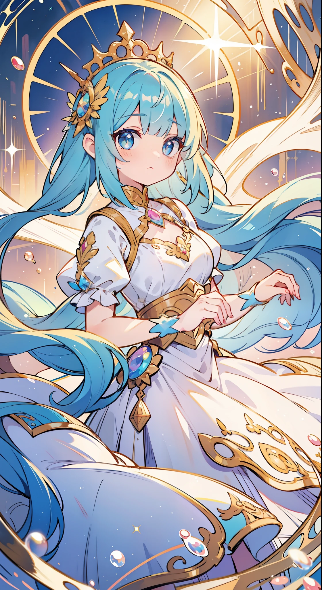 masterpiece, best quality, 8k resolution, sharp focus, intricate detail, beautiful girl, sparkling eyes, golden ratio face, otherworldly liquid, watercolor, pastel colors, bright colors, whimsical, colorful, sharp focus, high resolution, fine detail, princess fantasy ballgown, ((round eyes)), iridescent bubbles