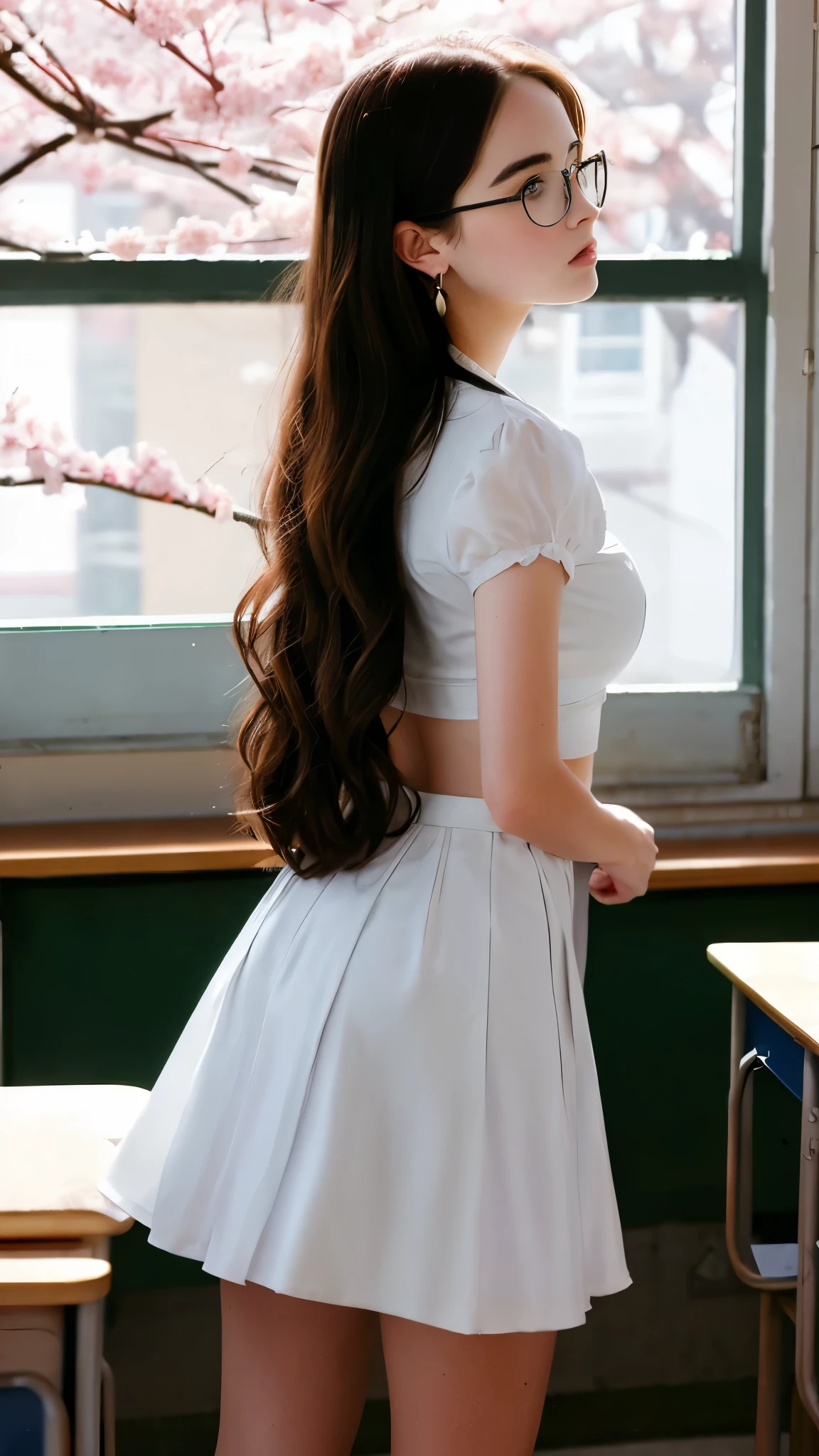 13 year old Zoey Deutch, (long hair: 1.3), big hoop earring, glasses, ta dress, classroom, school, simulation of physical breast movements, long legs, cherry blossoms, back shot, low shot, looking out the window