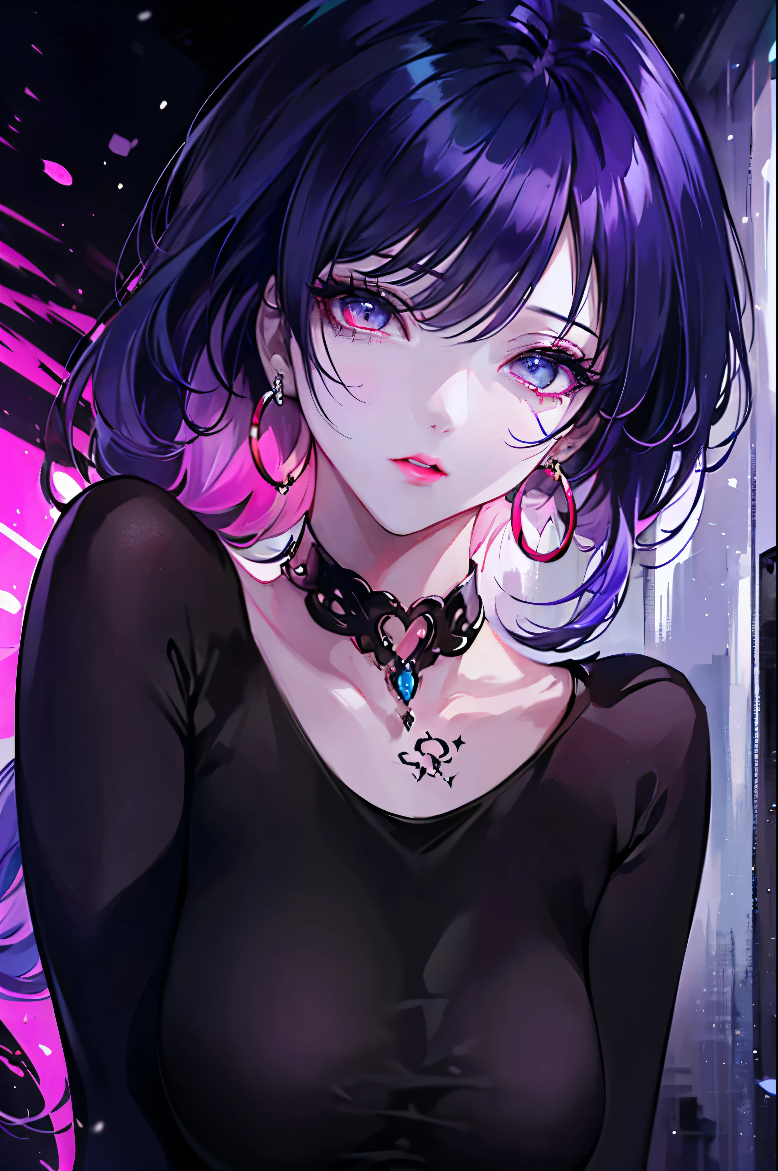 hair above one eye, red eyes, clear eyes, choker, open jacket, towards the wall,shineing grafiti, shineing tattoos, shine, neon light, Black light,anime style, movieポートレート写真, 1 female, 22 years ago, Full body Esbian,Blue eyes background, big and full breasts, anger, (scarlet colored hair), long hair, purple eyes, wearing a short black dress, (natural skin texture vivid details, surreal, (realistic detailed eyes, natural skin texture, realistic facial details), soft and dramatic lighting, Depth of written boundary, Bokeh, vivid details, surreal, 35mm movie, hazy blur, movie,lipstick, ear piercing, eye shadow, hoop earrings, Red-pink lips, 多色のred eyes, purple theme,Wear an iridescent aura,beautiful eyes,stand in front of the red gate、bold pose、decide on a pose,upper ponytail,Hanging bangs