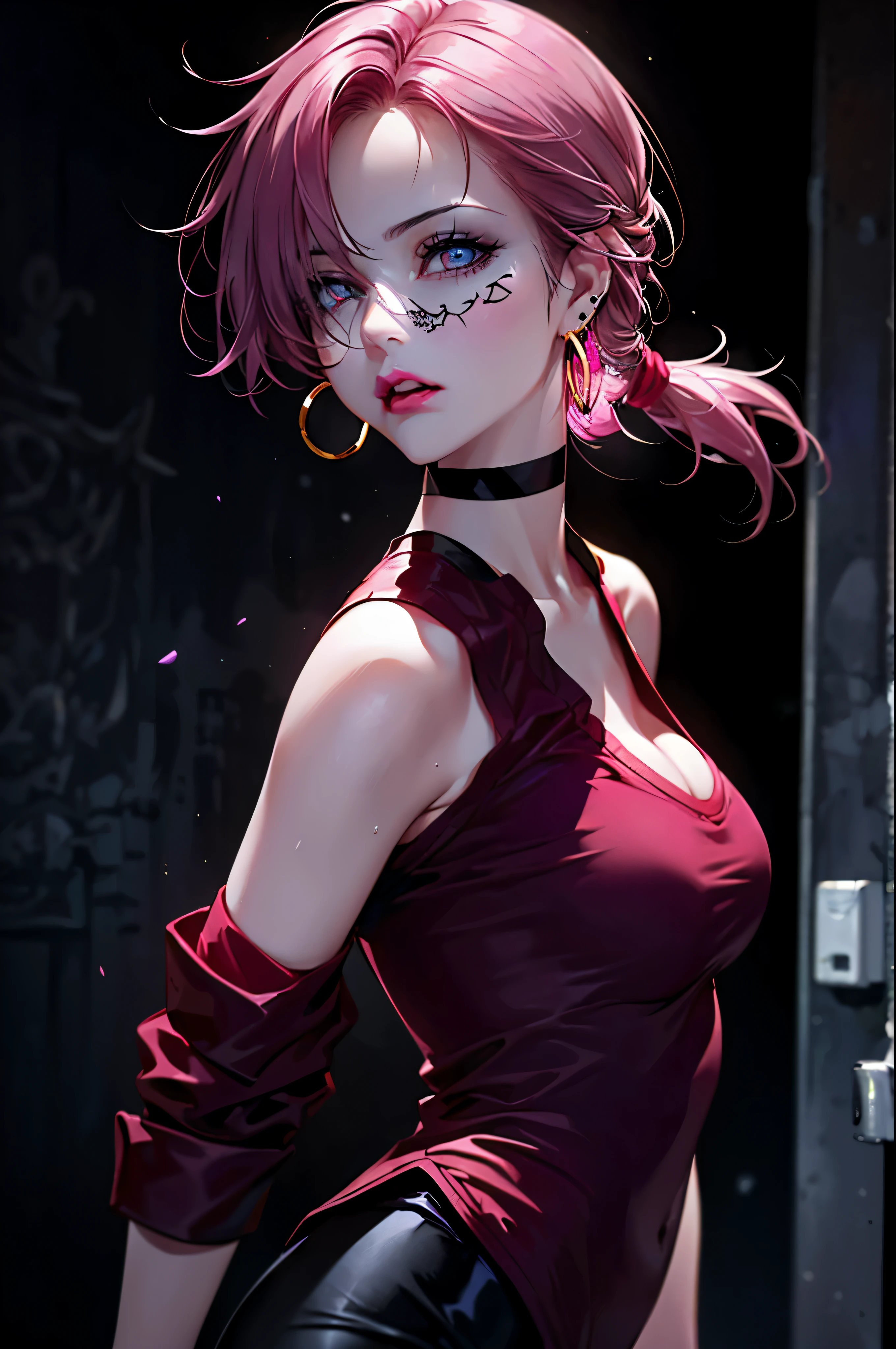 UHD, Masterpiece, Textured skin, Super detail, High quality, (Best quality 1.5), 8k, (Striped hair:1.5), (Golden Mesh Hair), Lots of Mesh Hair, Pink Hair, Rolling Eyes, Crazy Eyes, Crazy, Cinematic Lighting, Glowing Lights, Cinematic Lighting, Glowing Lights, Simple Dress, ( Plain dress: 1.4), dress with little fabric, open chest, beautifully shaped breast, fantastic landscape, dream-like world, curved space-time, soap bubbles, firefly light, cowboy shot, wide angle,