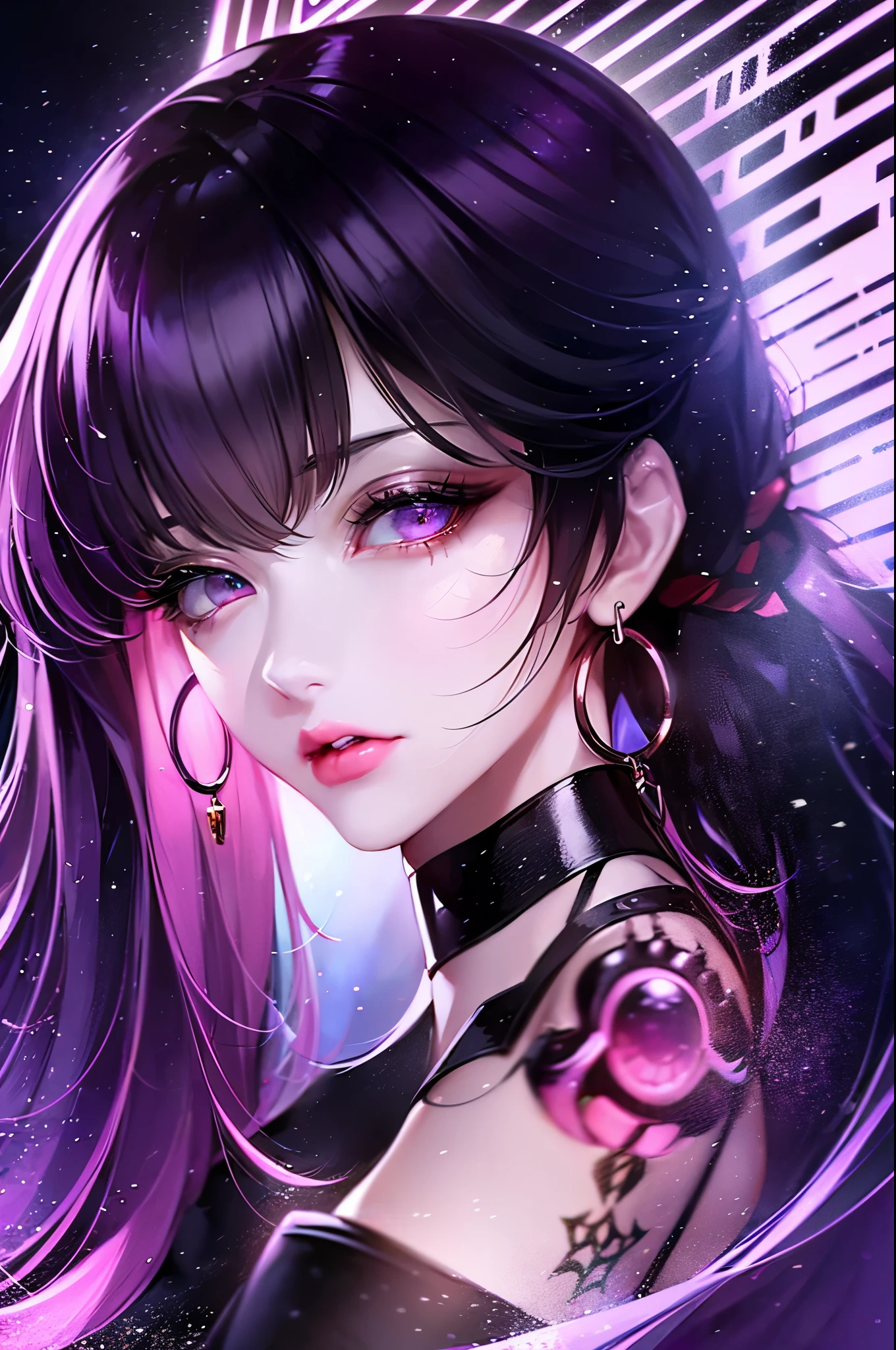 realistic, 1girl, blue hair, horns, multicolored eyes, glowing, blue eye, purple eye, bare shoulders, demon eyes, magic circle, light particles, light rays, wallpaper