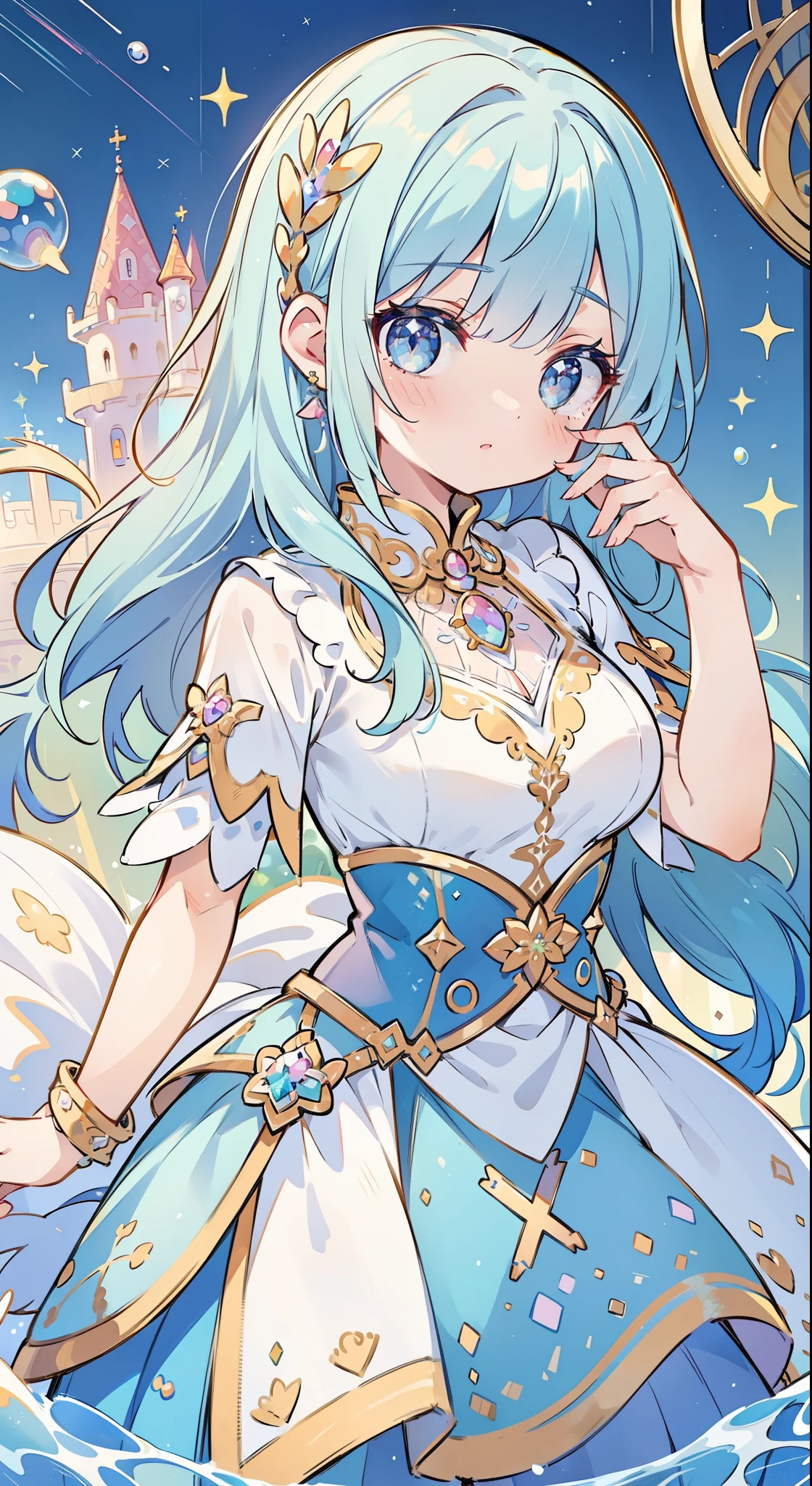 masterpiece, best quality, 8k resolution, sharp focus, intricate detail, beautiful girl, sparkling eyes, golden ratio face, otherworldly liquid, watercolor, ((pastel colors)), bright colors, whimsical, colorful, sharp focus, high resolution, fine detail, princess fantasy ballgown, ((round eyes)), iridescent bubbles, castle landscape in background