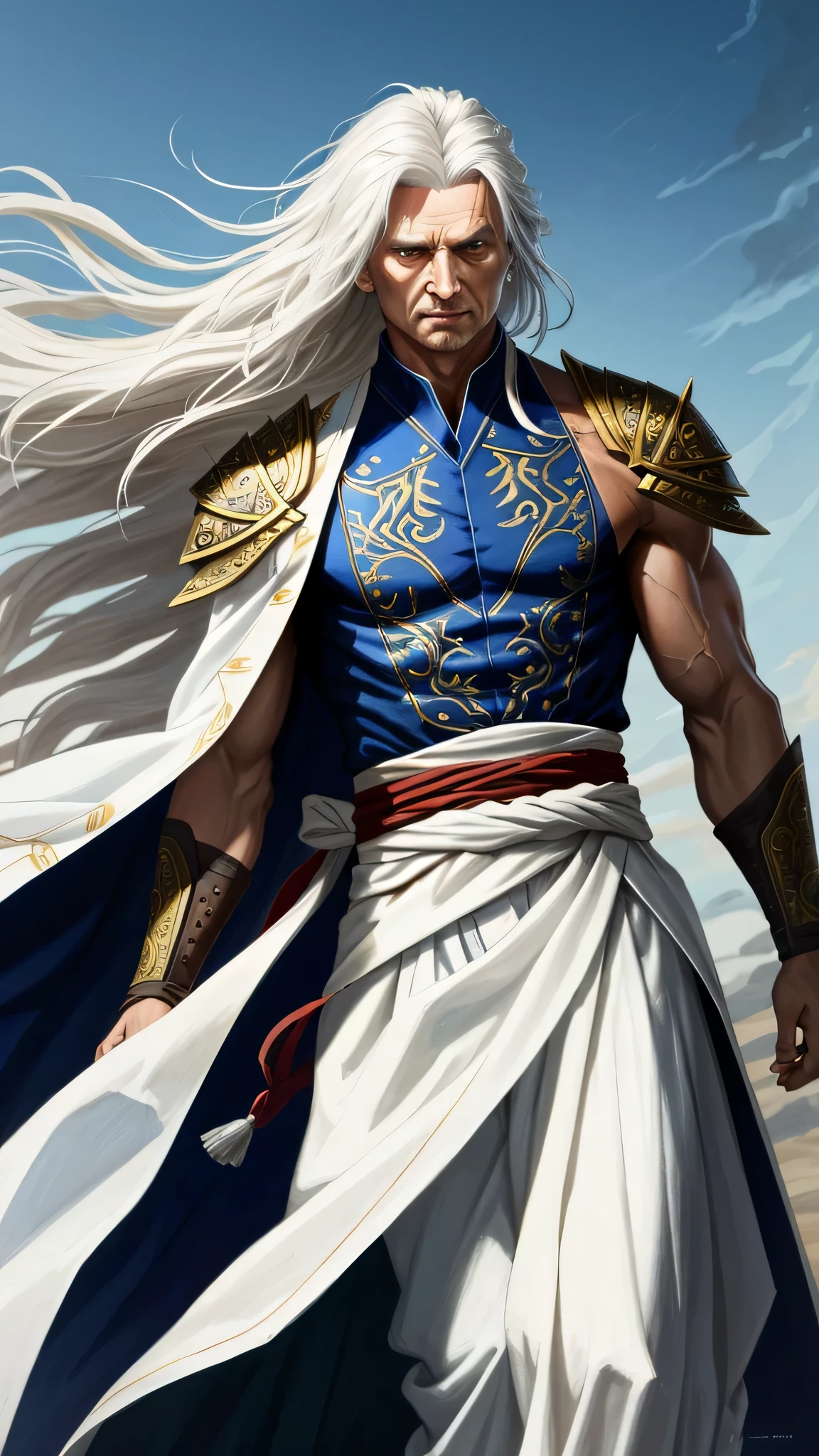 Liam Neeson as Fujin from Mortal Kombat, God of Wind, elements of air, tall and muscular figure, long, flowing white hair, bright blue eyes, traditional robe, accessories adorned with wind motifs, intricate, high detail, sharp focus, dramatic, photorealistic painting art by greg rutkowski
