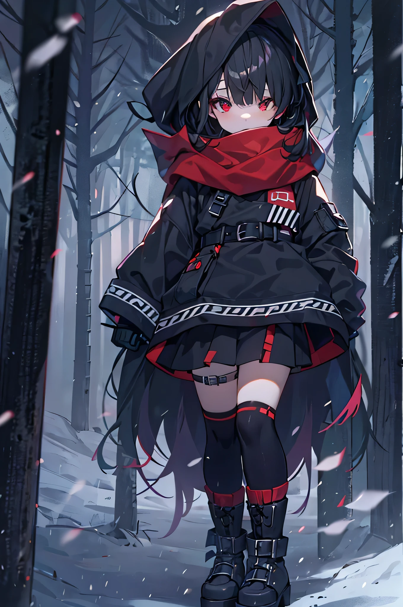 blood red eyes, black hair, black platform boots, Short hair details, black thigh socks, hair covering one eye, black hoodie, black thigh strap, black belt,night，black skirt，forest full of snow， girl