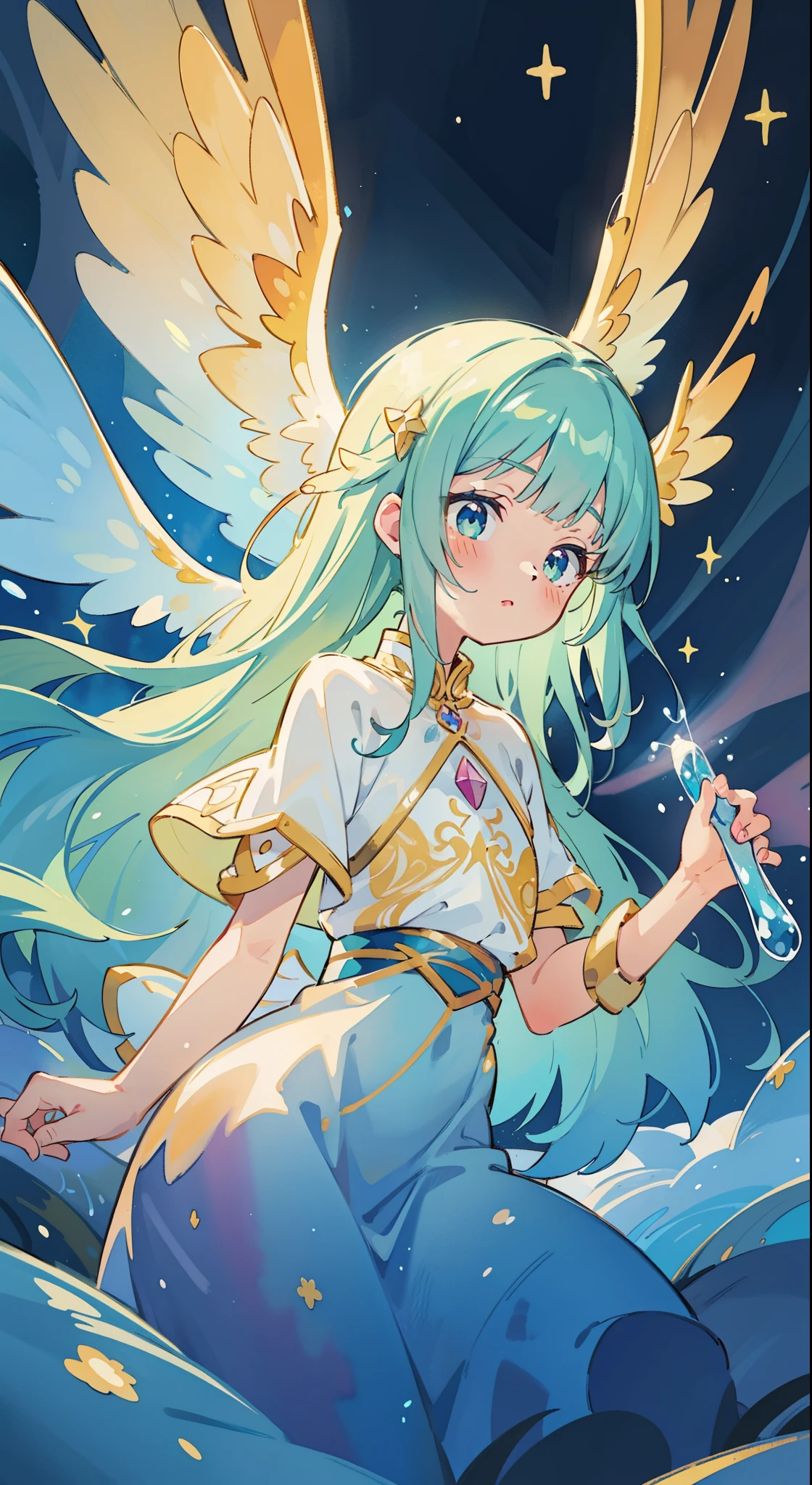 masterpiece, best quality, sharp focus, 8k, intricately detailed environment, anime, watercolor illustration, colorful, bright colors, whimsical, glowing lights, liquid otherworldly, fairy lights, beautiful girl in flowing liquid glowing dress, perfect face, golden ratio, sparkling eyes, watercolor, liquid light, angel wings