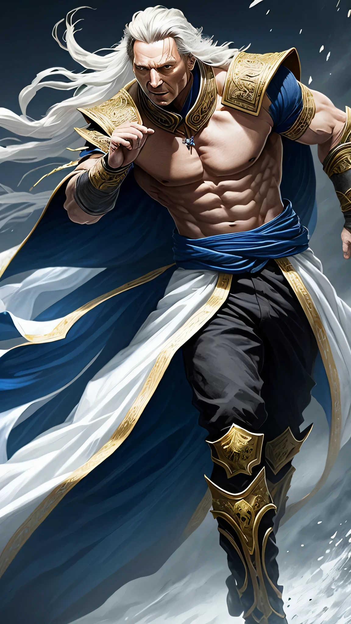 Liam Neeson as Fujin from Mortal Kombat, God of Wind, elements of air, tall and muscular figure, long, flowing white hair, bright blue eyes, traditional robe, accessories adorned with wind motifs, intricate, high detail, sharp focus, dramatic, photorealistic painting art by greg rutkowski