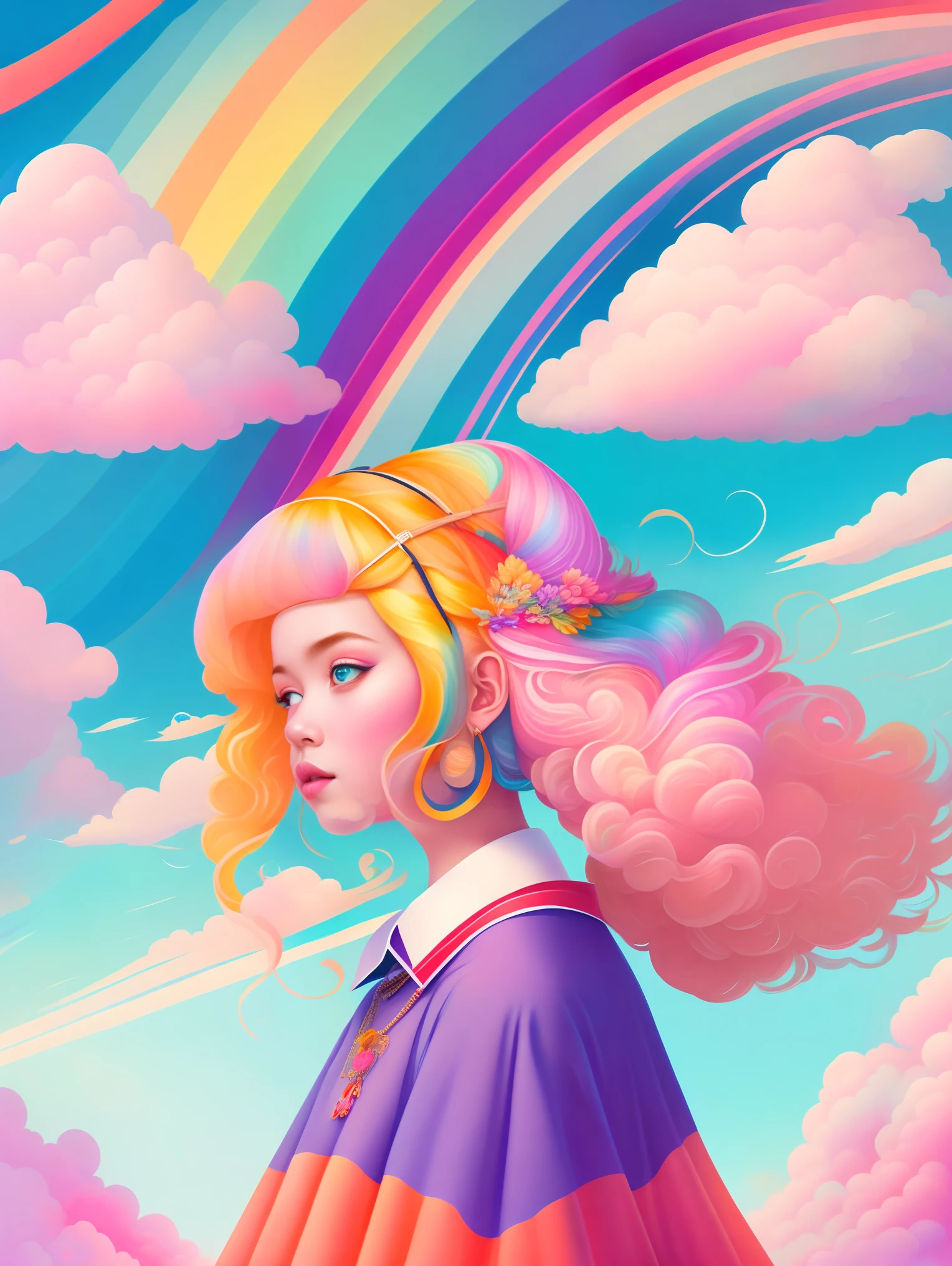 art illustration,girl portrait,Often neck,Hair covered with clouds,fumo, hair very wild, colorful wavy hair,Two long braids, long wild hair, colorful hair, Wear a long skirt, high contrast, epic, absurd, Astonishing, interesting, itchy, Super detailed, Surreal, pastel colors, 8k,Contrasting colors,Spring landscape,抽象Surreal的色彩,rich and colorful,流行几何Surreal主义,rainbow colored dreams,icon design,Rozmin trip,vector art