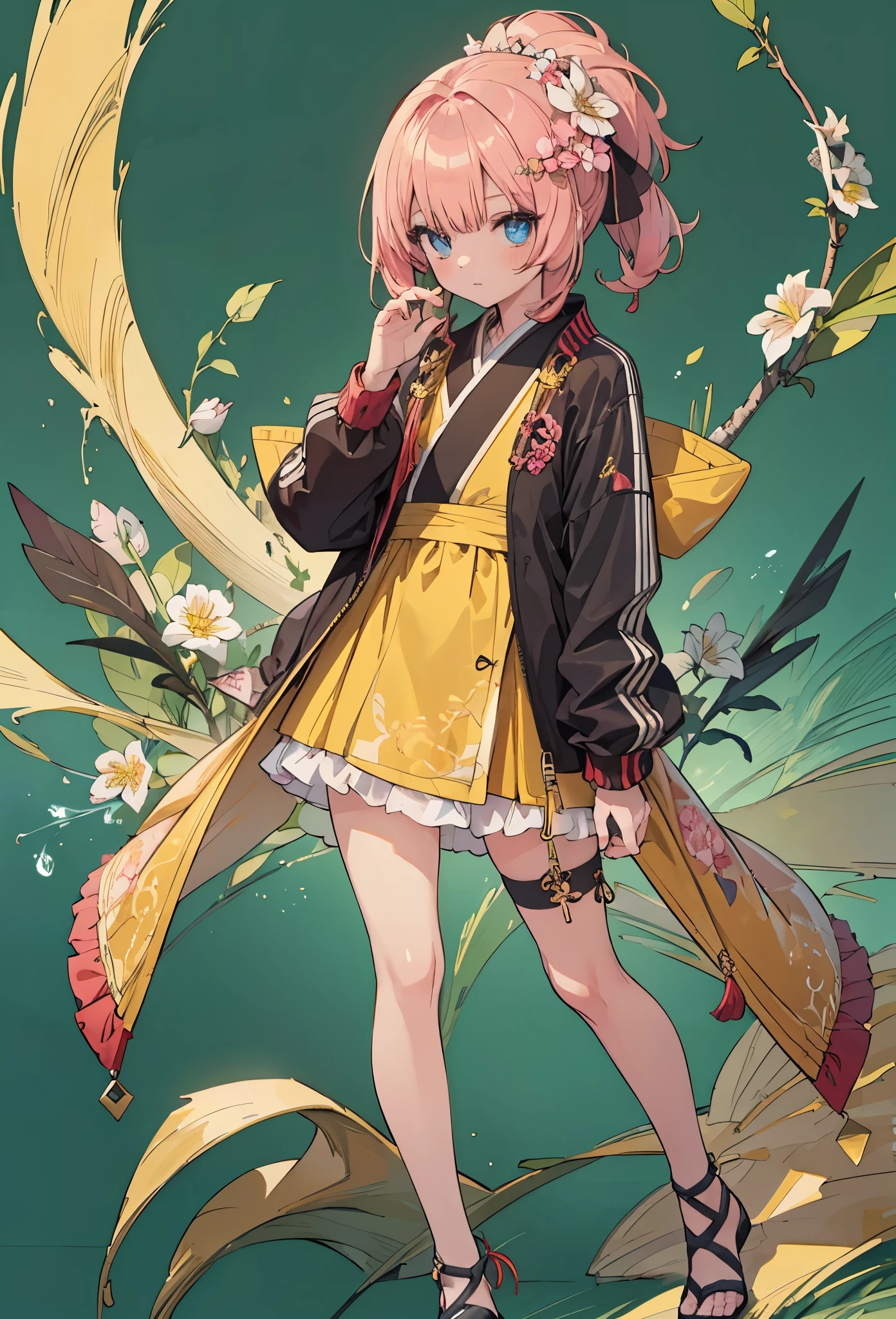 ((Highly accurate drawing in every detail)Extremely precise depiction)[High resolution],(detailed illustrations,Very detailed and precise drawing,Delicate drawn lines with tempo,Realistic texture expression),[color traced main line],[flower garden background],ANIME KAWAII (ChineseGirl ([low length] slim body) ) [chignon],((peach blossom) hair ornaments) ((Yellow Kung Fu Jacket) [race (frills) ribbon]),[[tattoo] [dragon]],[gravure [Colorful]] [effort [dynamicpose]],[high contrast:0.8],(intricate and beautiful decoration [Dense detail]),(Fine and beautiful skin expression [transparency]),Precisely drawn eyes[完璧な目のdetailed(Iris drawn in minute detail)(Beautiful eyes like jewels)],[eyes light[Pinpoint lighting for the eyes]],[long and beautiful eyelashes],[precisely drawn hair [美しく艷やかな髪のdetailed]],(完璧な手のdetailed [Beautiful fingers with no damage [beautiful nails]]),(perfect anatomy(perfectly balanced proportions))[[full body portrait]],[ideal color coordination(Accurate simulation of light and material interactions)],([Precision Detail](detailed,High definition)),[[Pale and gentle colors]][Visual art that tells a story].