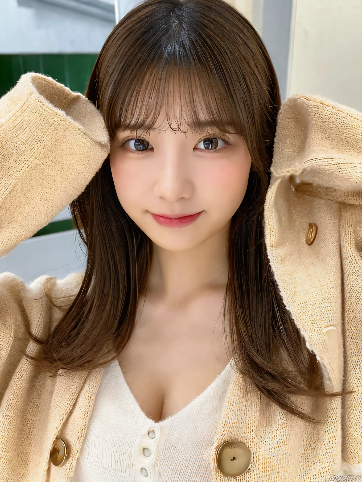 (masterpiece:1.3)、 (8K、photorealistic、Live shooting、Highest image quality:1.4)、Japan girl at 18 years old、sharp focus:1.2、highest quality、masterpiece、ultra high resolution、(From a little above:1.5)、Looking at Viewer、shiny skin、real、dynamic pose、slender、(Sorry face:1.1)、 cute woman:1.4、(medium long hair)、light brown hair、(big :1.3)、(cleavage)、super detail face、eye for detail、double eyelid、solo、Wearing a fluffy knit、Beige coat、Upper body、medium bust、