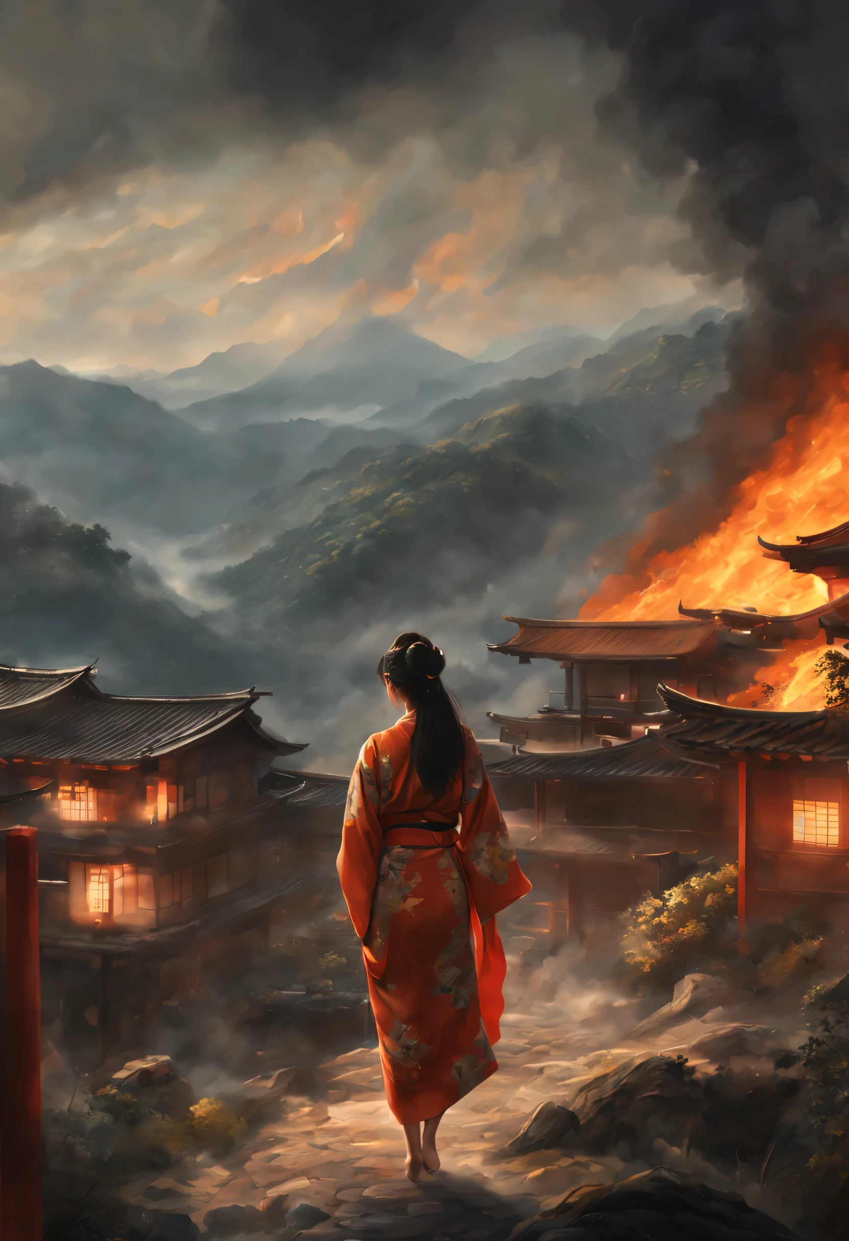 1girl,japanese girl wear a long kimono on a mountain from behind view, (naked legs), long hair tail , looking down a chinese village burning on fire, (smoke), (ultra realistic),cinematic, (far view:1.4)