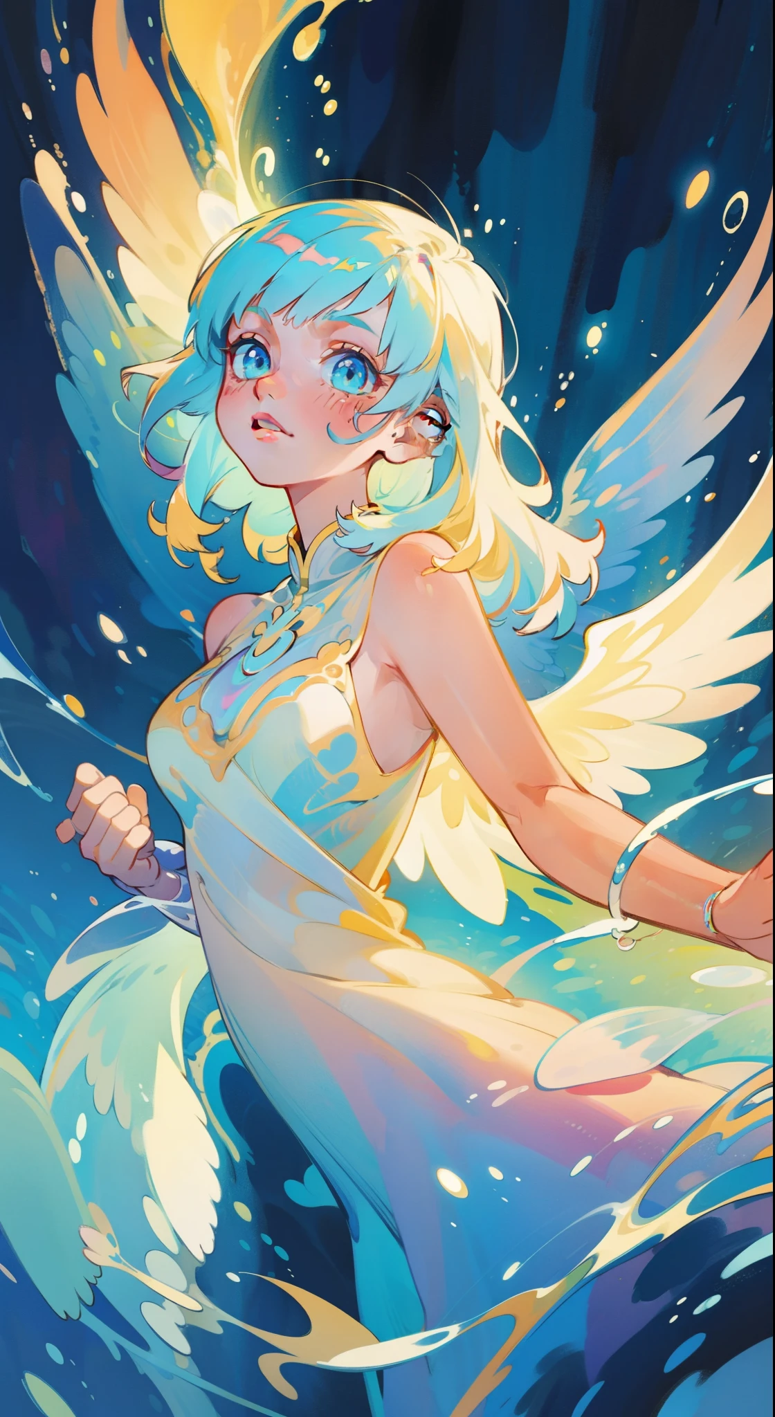 masterpiece, best quality, sharp focus, 8k, intricately detailed environment, anime, watercolor illustration, colorful, bright colors, whimsical, glowing lights, liquid otherworldly, fairy lights, beautiful girl in flowing liquid glowing dress, perfect face, golden ratio, sparkling eyes, watercolor, liquid light, angel wings
