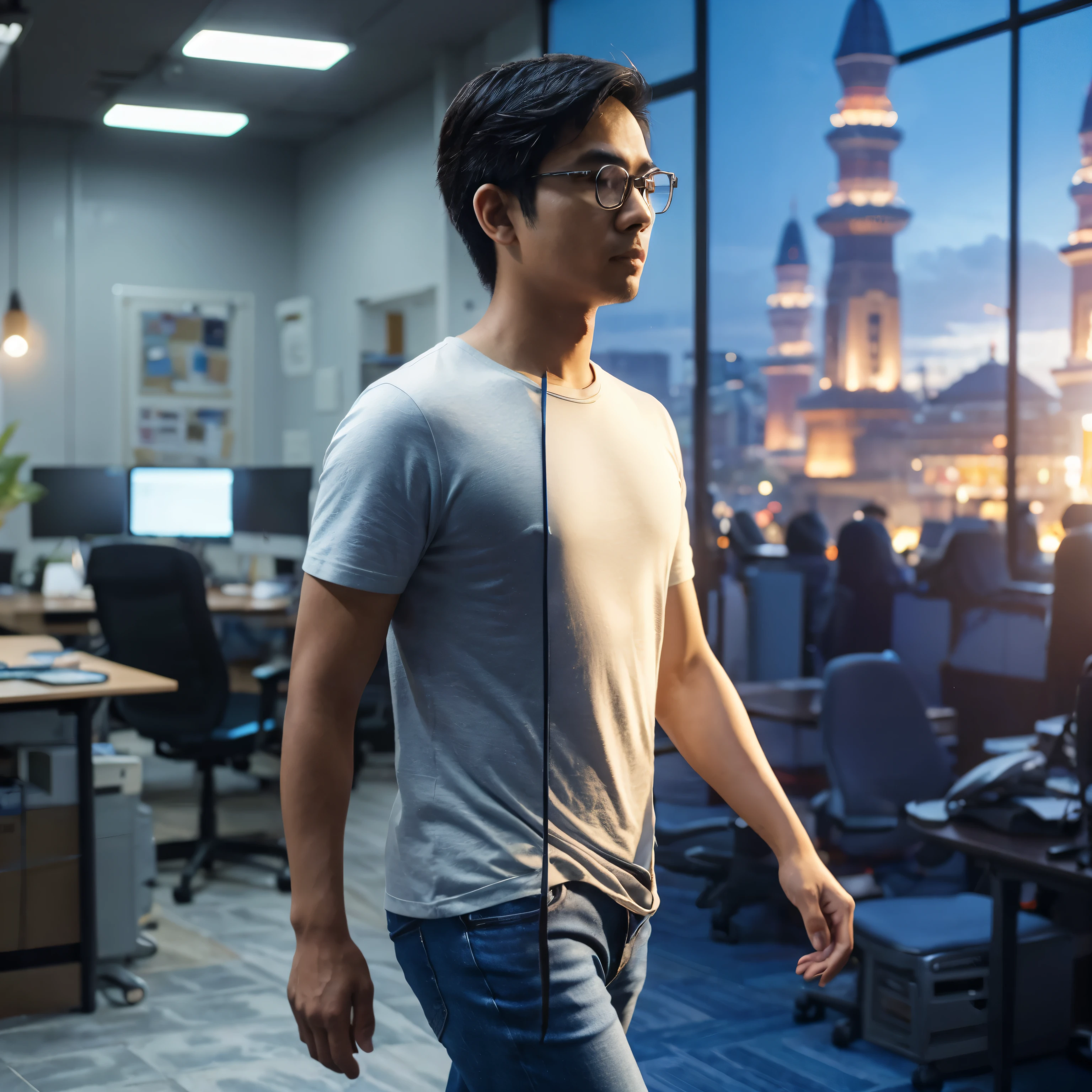 An indonesian man, 30 years old, round face shape, short hair, eyeglass, wearing short shirt and blue jeans, he walking from the left to the right, angle his beside, glow, two split panel, left panel is background Messy office with nightmode, and the right panel is tidy futuristik office background with the bright day, photorealistic, 8k hd real human
