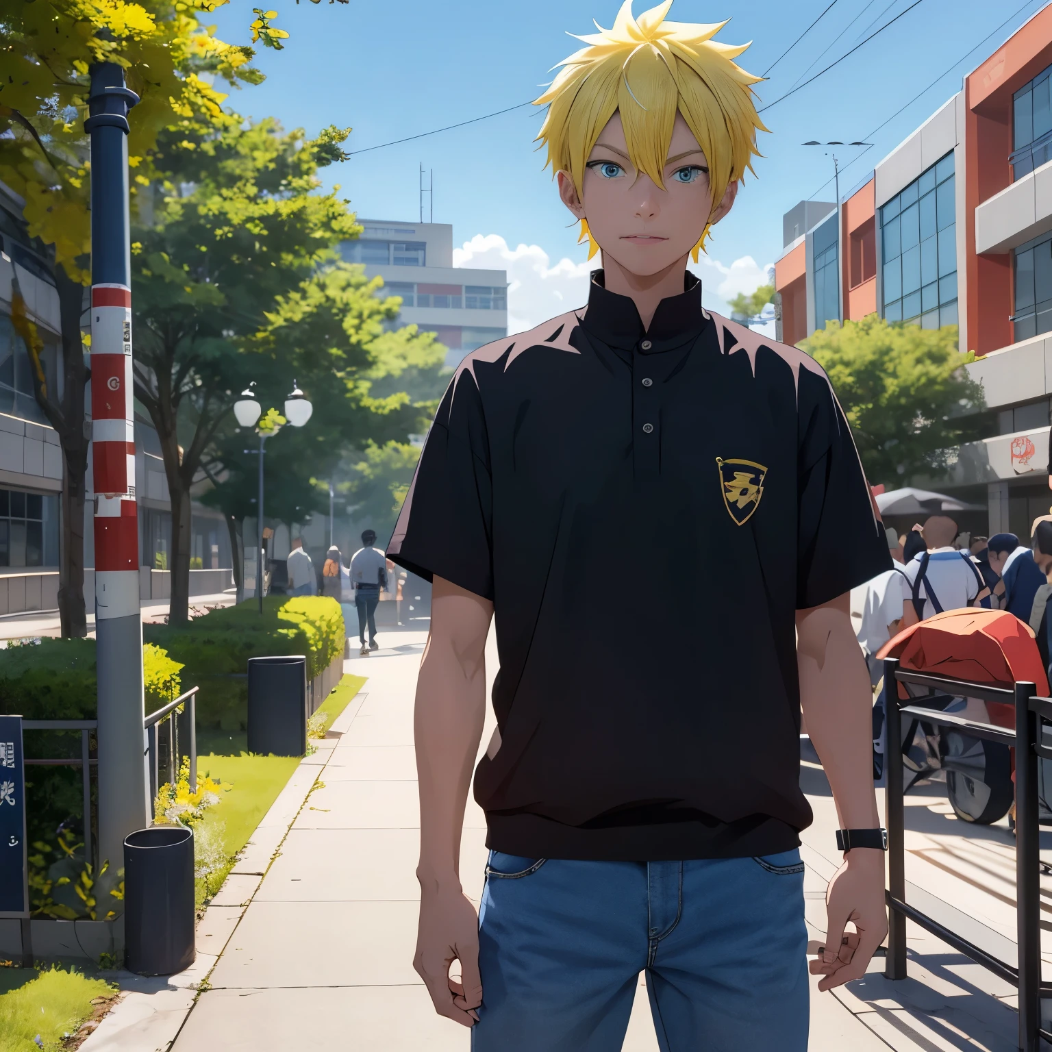 Anime style 4K,Anime rendering,style of anime,China Campus,A yellow-haired young man,Wear blue casual attire,On campus,are standing,A smug and arrogant expression