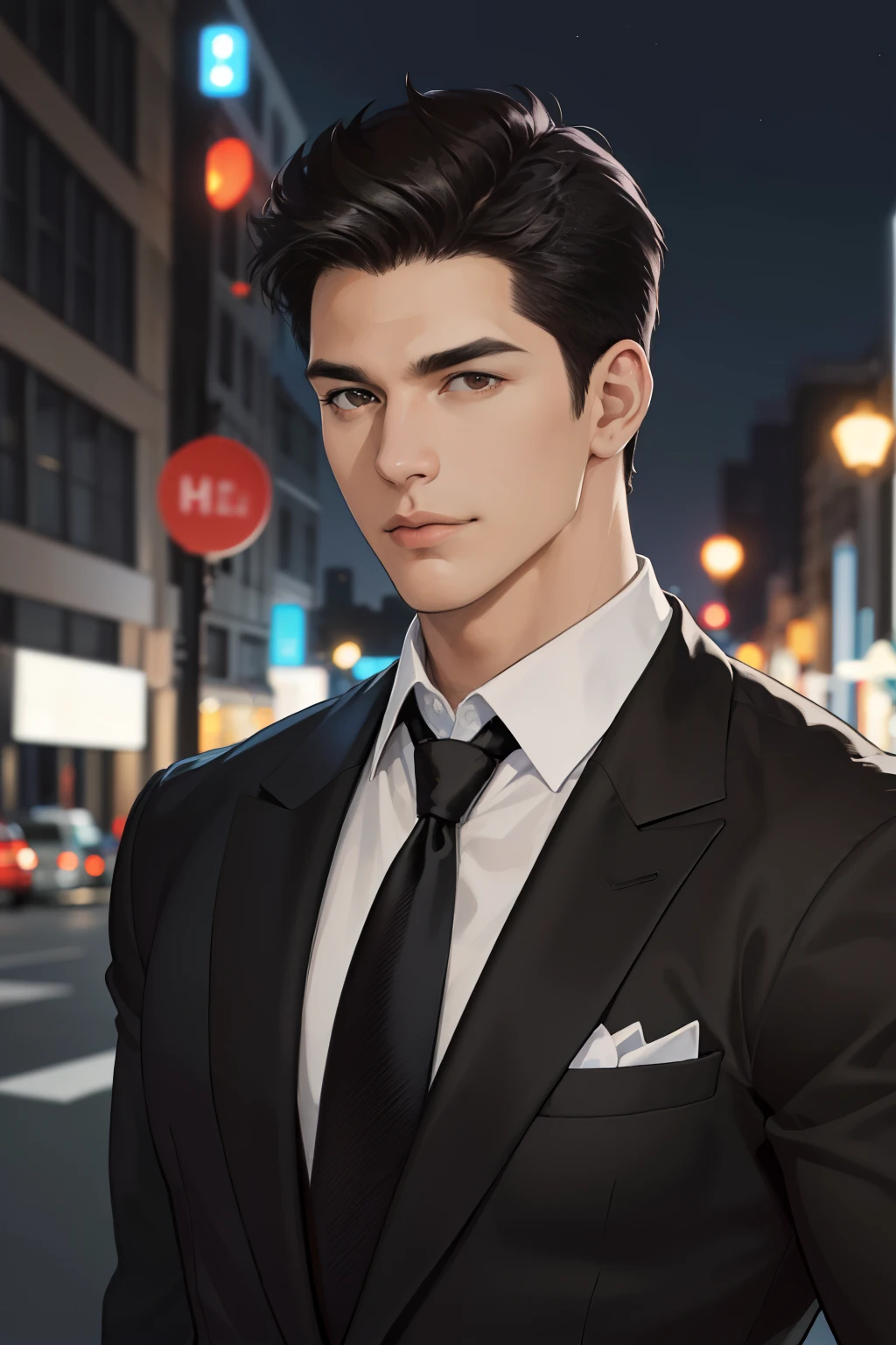 (absurdres, highres, ultra detailed, realistic, ), 1 male, solo, adult, mature, tall muscular guy, broad shoulders, handsome, very short hair, black hair, brown eyes, angular jaw, thick neck, thick eyebrows, night, dark, the night view of the city background, formal suit, necktie, upper body