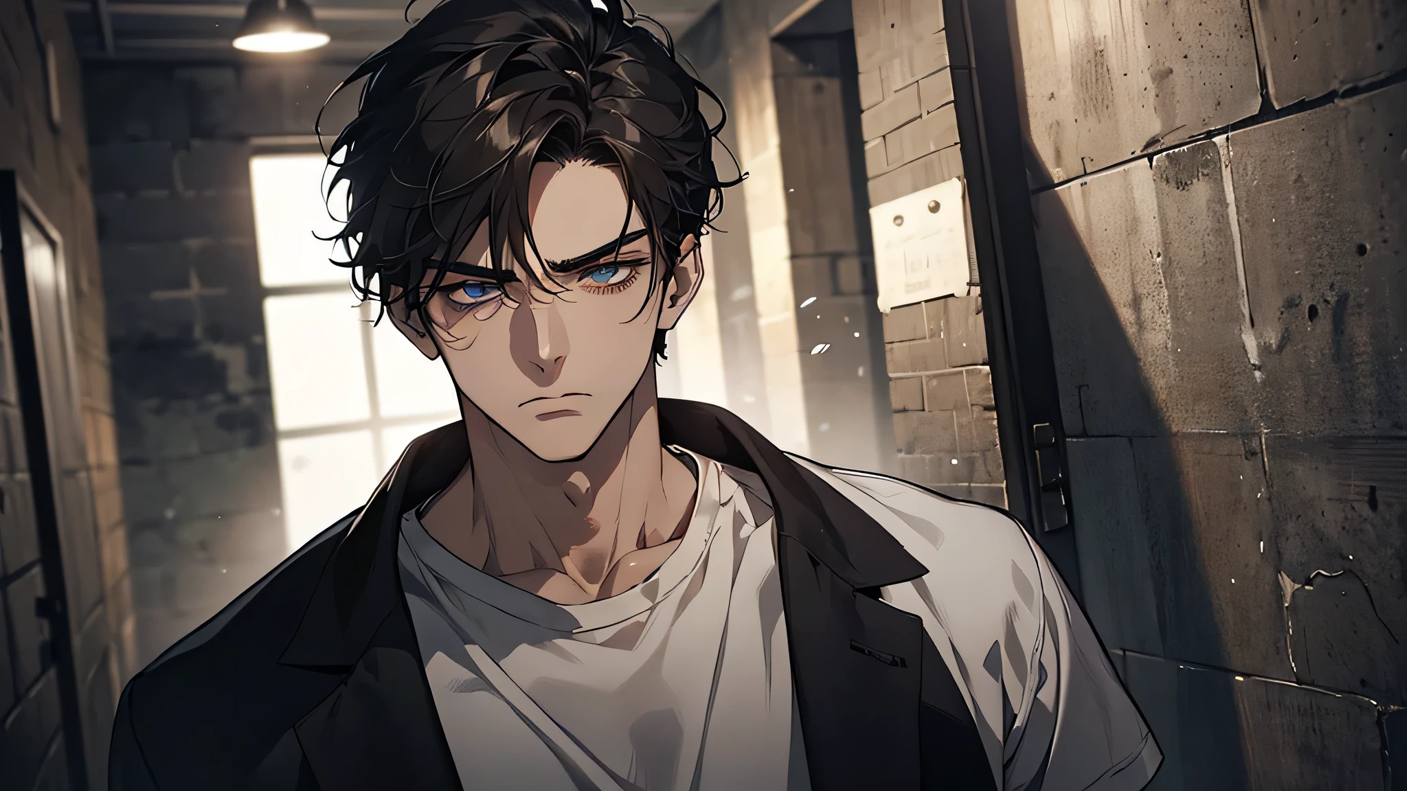 a 21 years old handsome guy,White T-shirt,black long pants,A gentle face,A dark-haired、sad face, frown, Eyes drawn in detail、a handsome、Cinematic power、detailed eyes, detailed face, detailed nose, in a prison, in a prison cell, angry expressions, face full of expressions, stood up