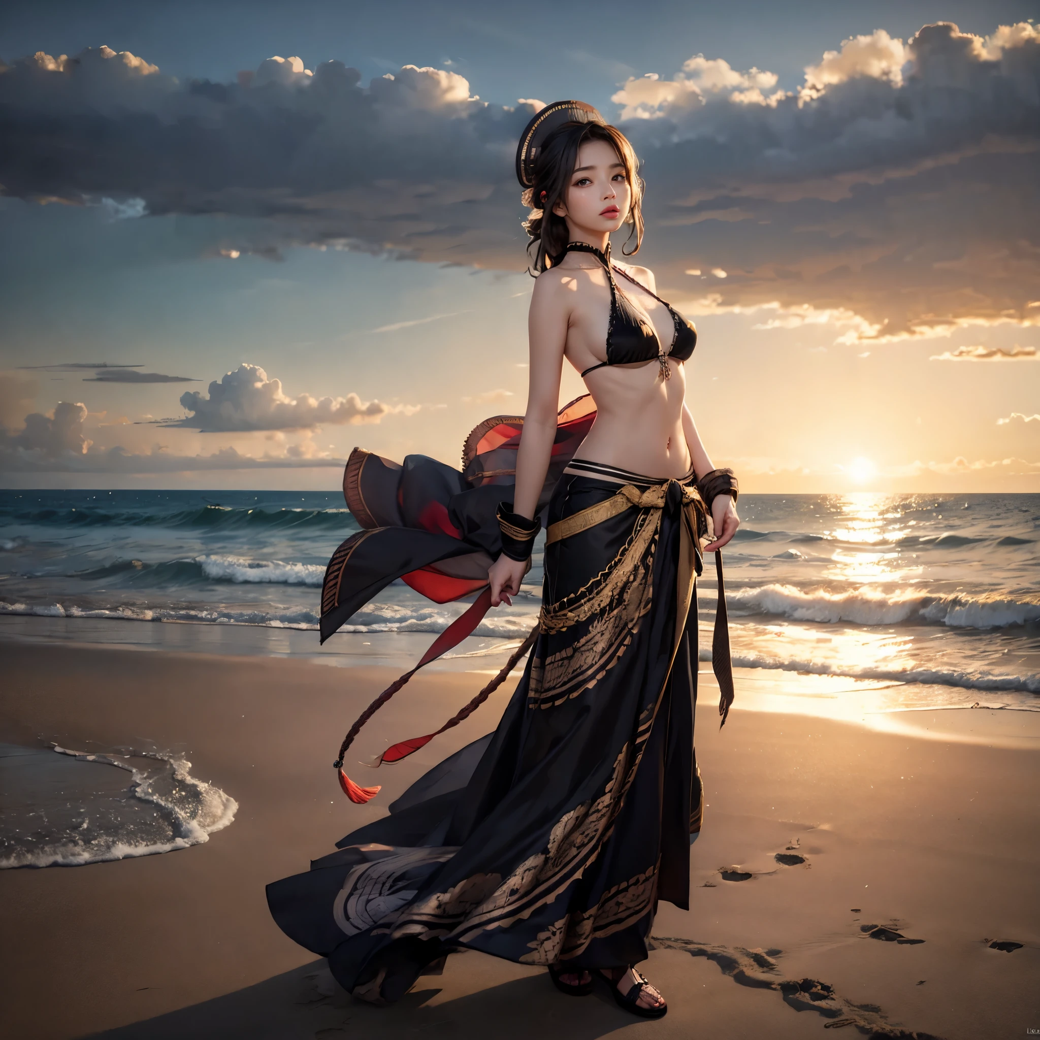 a KAWAII girl with a Halo wearing a tiny string bikini, standing on a sandy beach, under the warm sunset light. Her eyes look captivating and mysterious, with long eyelashes and a hint of playful charm. The bikini is pure white, with elaborate lace pattern and intricate details that accentuate her curves. The sand beneath her feet is golden and softly illuminated, creating a serene and dreamy atmosphere. The ocean waves gently kiss the shore, adding a soothing soundtrack to the scene. The overall image quality is top-notch, with ultra-detailed features, vivid colors, and a realistic, photorealistic rendering style. The lighting is carefully set to highlight the curves of her body, creating a beautiful play of light and shadows. The scene exudes a sense of summer vacation, freedom, and adventure. (((Volumetric lighting, Acutance:0.8, sideboob))), (((NSFW:-1, nipple:-1)))