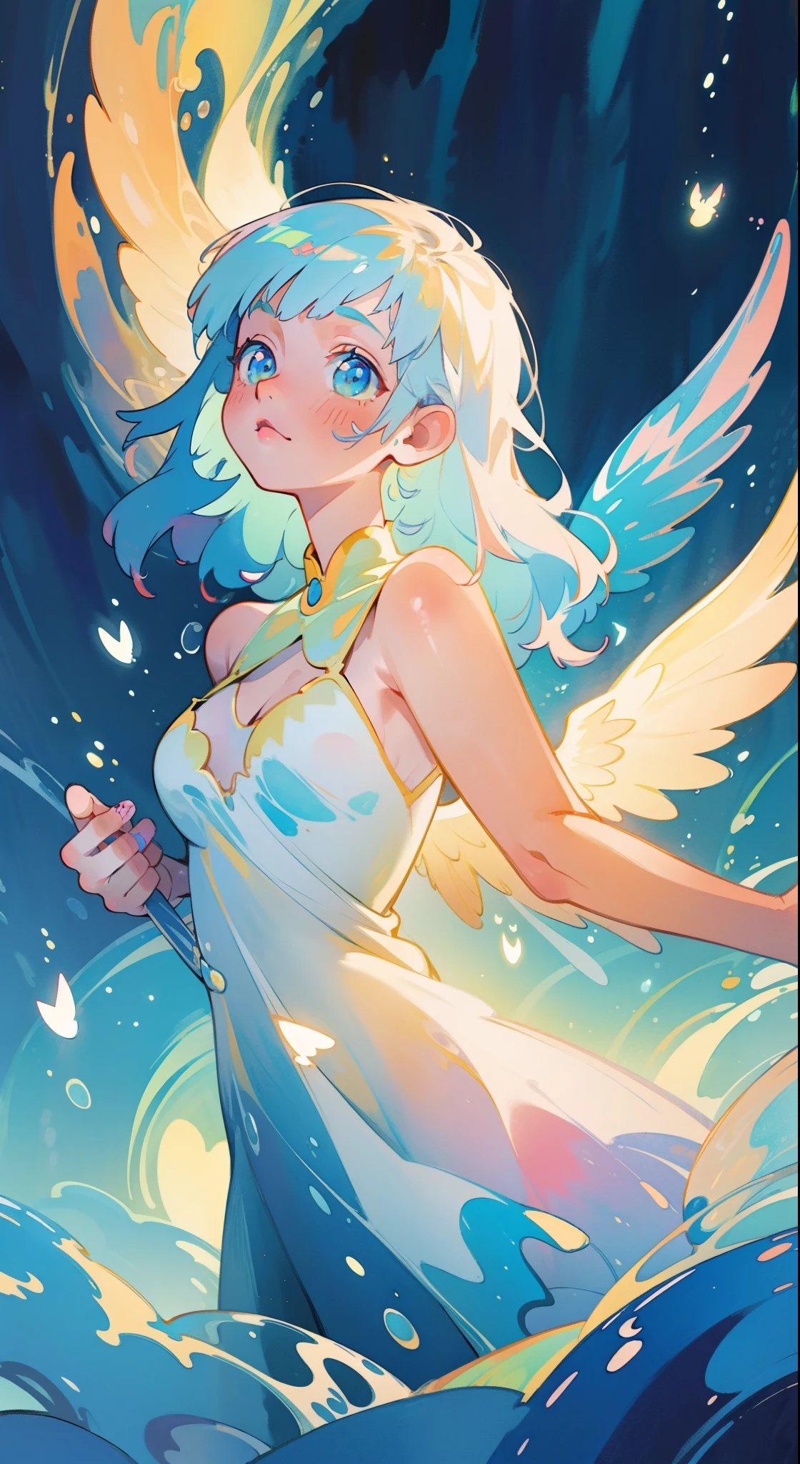 masterpiece, best quality, sharp focus, 8k, intricately detailed environment, anime, watercolor illustration, colorful, bright colors, whimsical, glowing lights, liquid otherworldly, fairy lights, beautiful girl in flowing liquid glowing dress, perfect face, golden ratio, sparkling eyes, watercolor, liquid light, angel wings