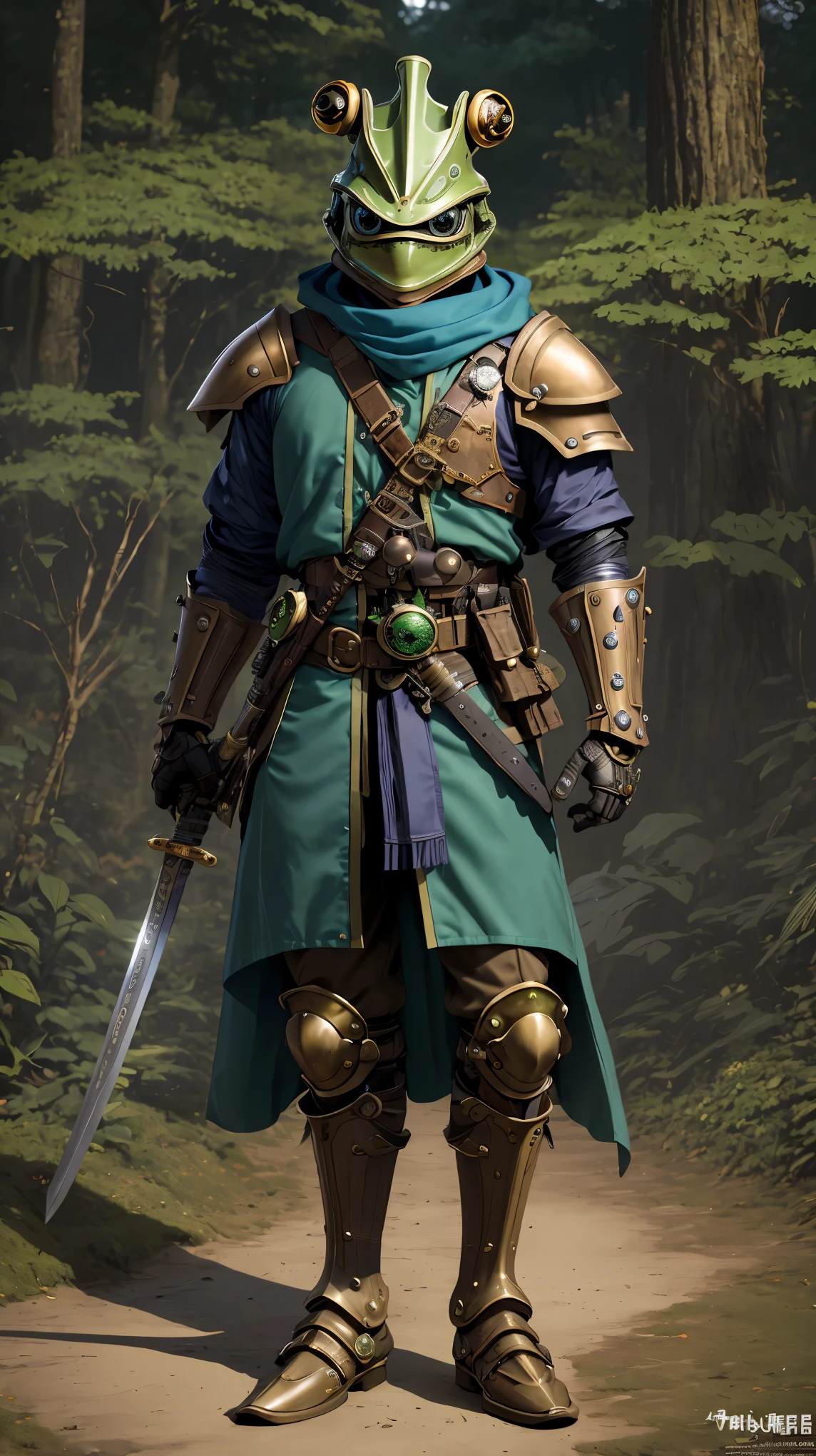 Anthropomorphic human Frog knight. Steampunk. Frog from chrono trigger. Awesome frog warrior. Masamune samurai sword. -helmet. -hood. Forest background. Detailed eye. 2eyes.