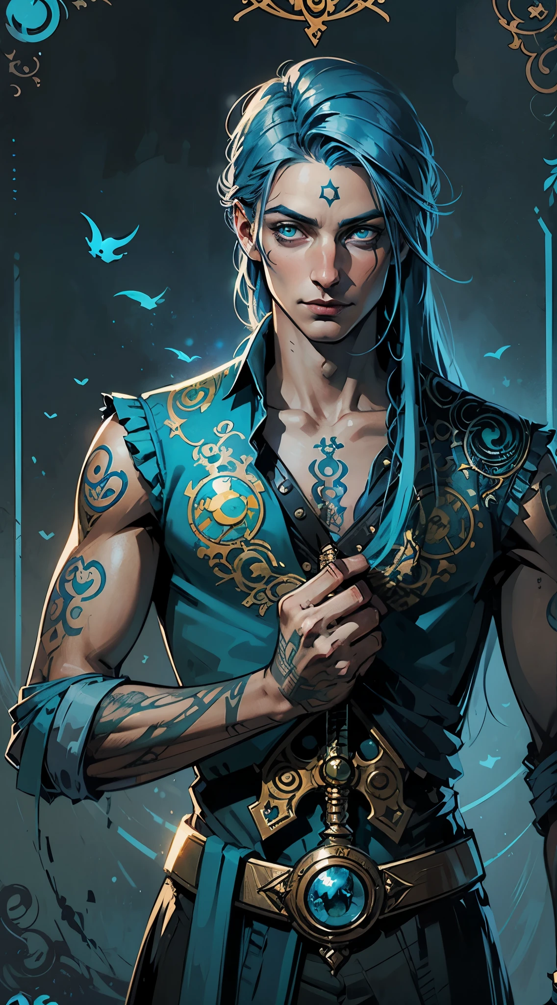 fantasy steampunk, a young attractive man, long blue hair, pale green eyes, tan skin, smiley face, many blue tattoo on hands, ghostly knives around his head, he is an illusionist and mage, teenager, pisces zodiac sign, ghostly blue fish on the background, oriental style in clothes, tarot style, Western fantasy style