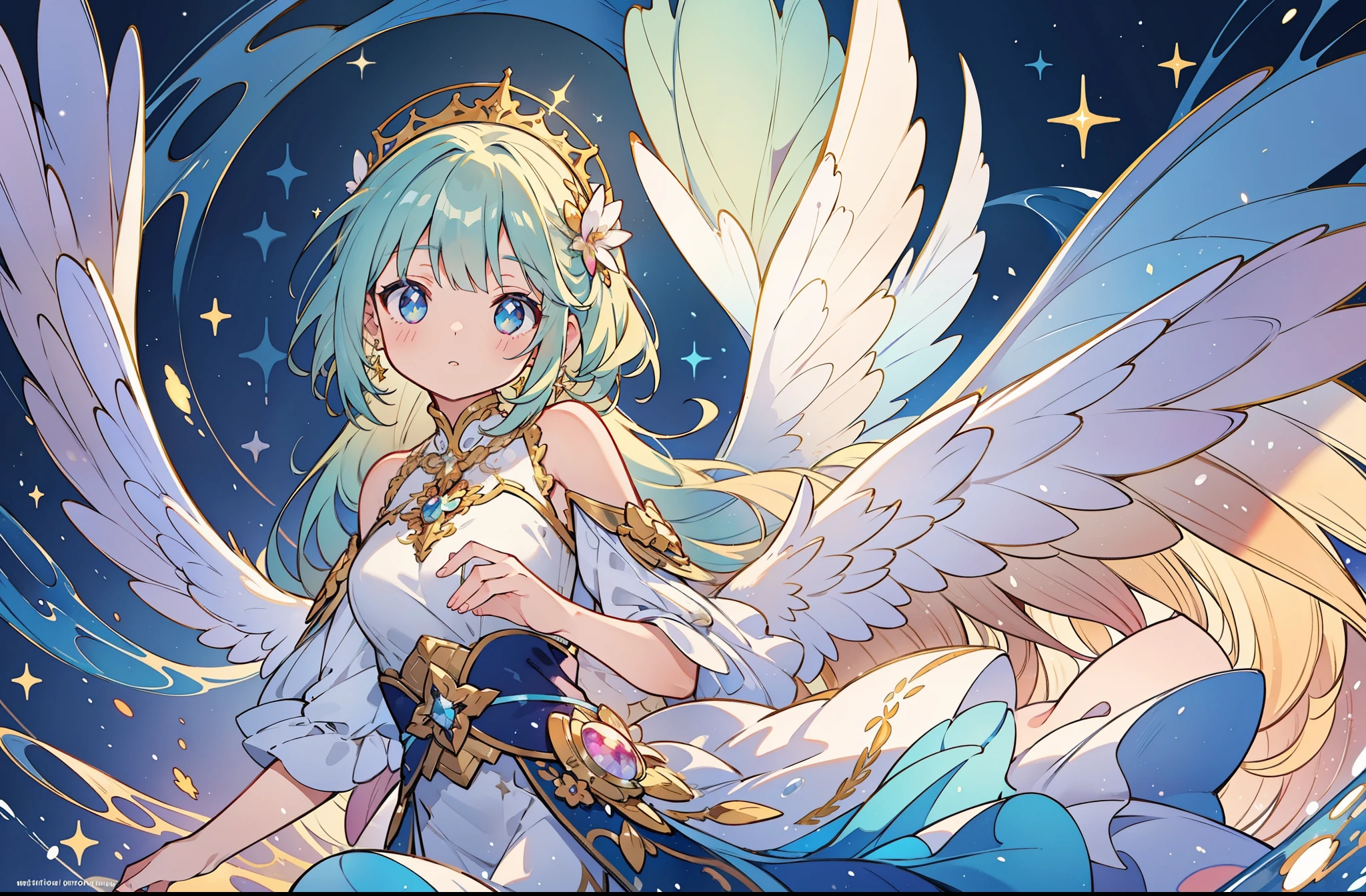 masterpiece, best quality, sharp focus, 8k, intricately detailed environment, anime, watercolor illustration, colorful, bright colors, whimsical, glowing lights, liquid otherworldly, fairy lights, beautiful girl in flowing liquid glowing dress, perfect face, golden ratio, sparkling eyes, watercolor, liquid light, angel wings
