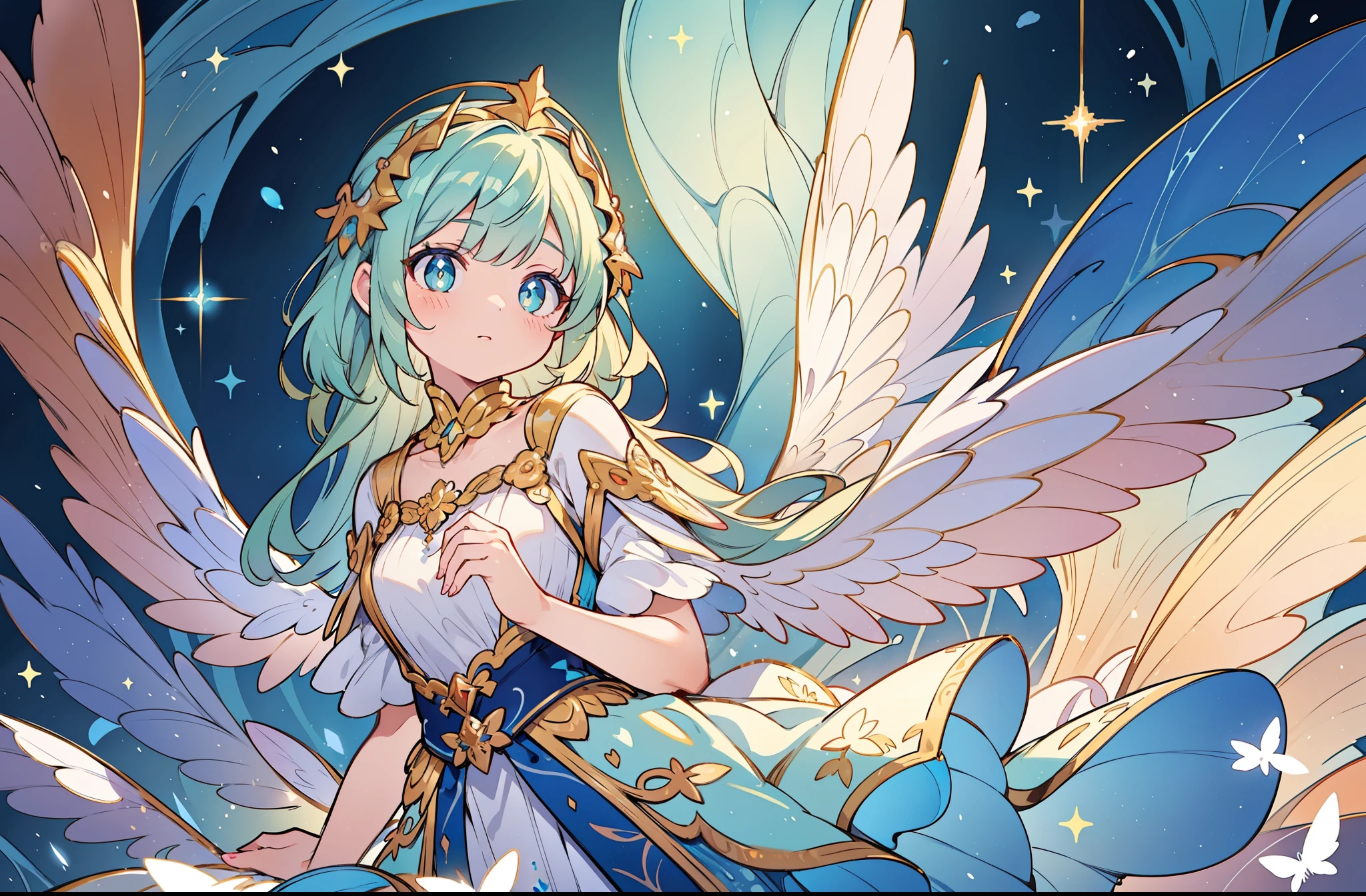 masterpiece, best quality, sharp focus, 8k, intricately detailed environment, anime, watercolor illustration, colorful, bright colors, whimsical, glowing lights, liquid otherworldly, fairy lights, beautiful girl in flowing liquid glowing dress, perfect face, golden ratio, sparkling eyes, watercolor, liquid light, angel wings