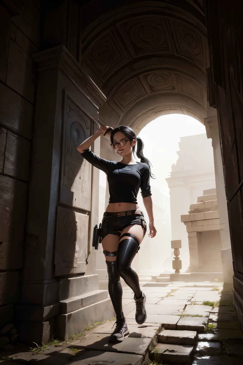 Wide shot, beautiful young explorer, long black hair in a ponytail, bangs, wearing glasses, wearing a Tomb Raider outfit, in an ancient tomb.