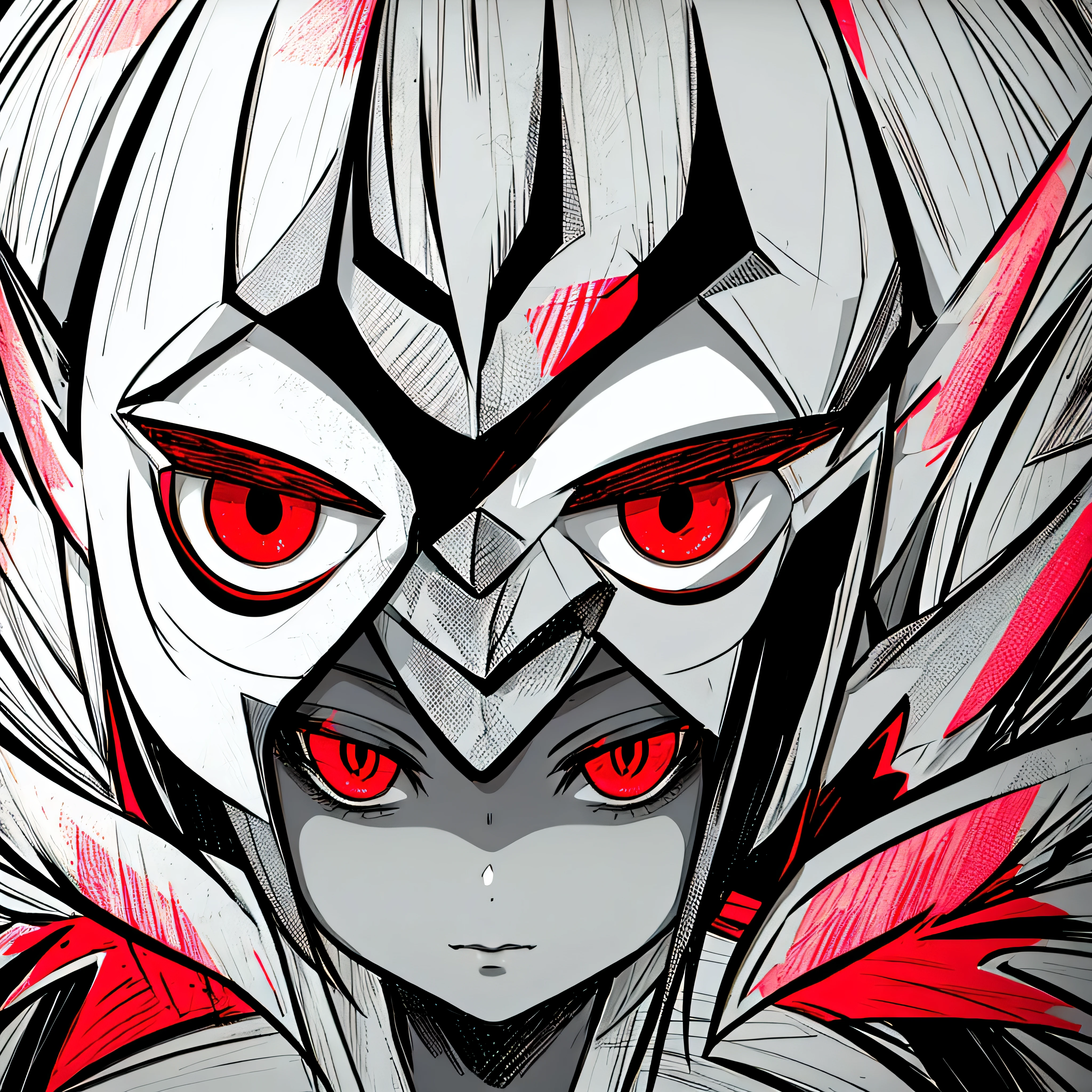 make a portrait of a devil girl with a closed helmet on her head, red eyes, in black and white colors