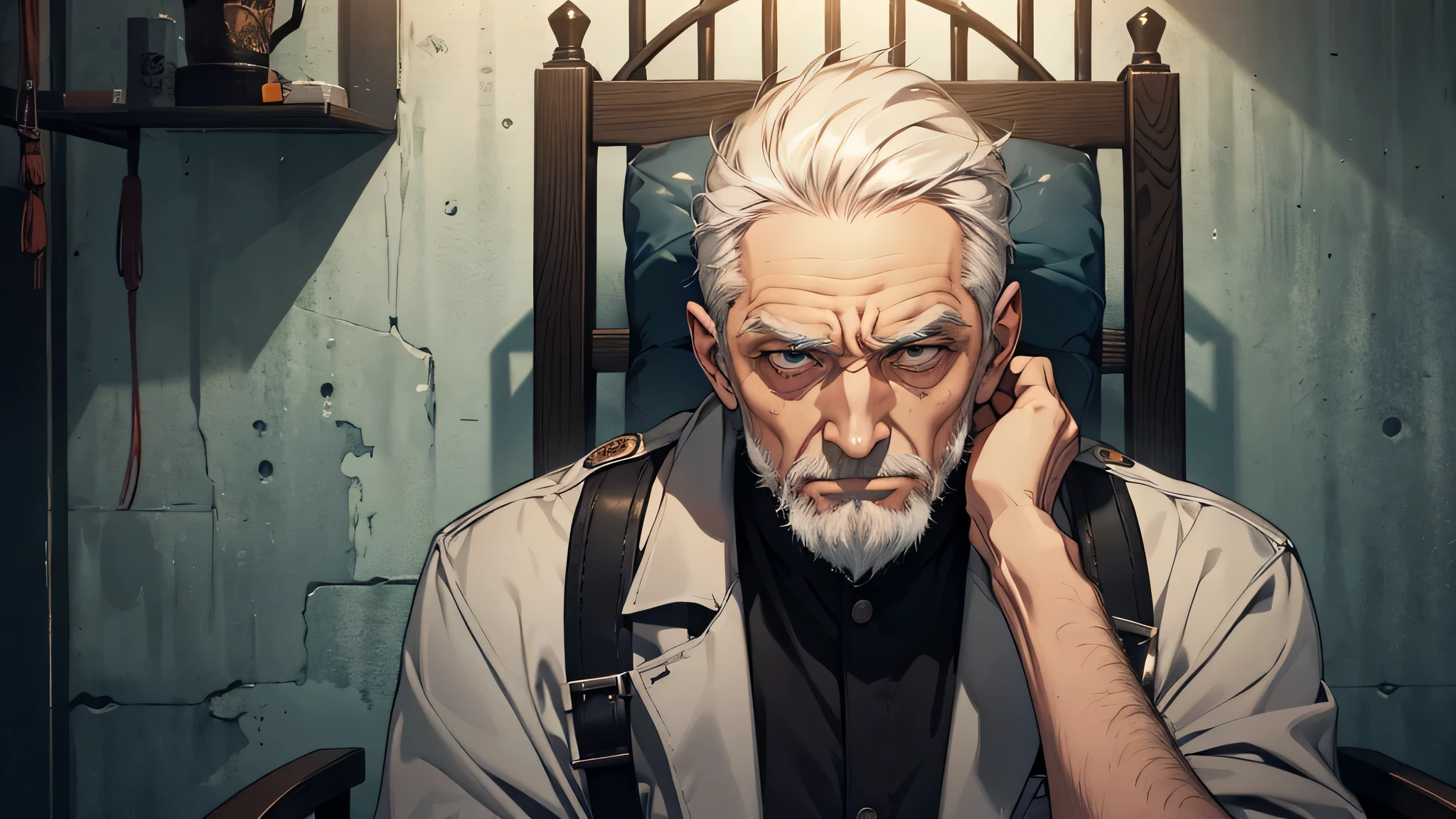 An old man with gray hair,Sneering expression,disdain, An old man,wrinkle on face, gray hair, detailed eyes, detailed face, detailed nose, disgusting face, talking something, in a prison, in a cell prison, sitting in a chair, depressed expressions, sitting in a chair, and there is table, he pressed his head into his hands
