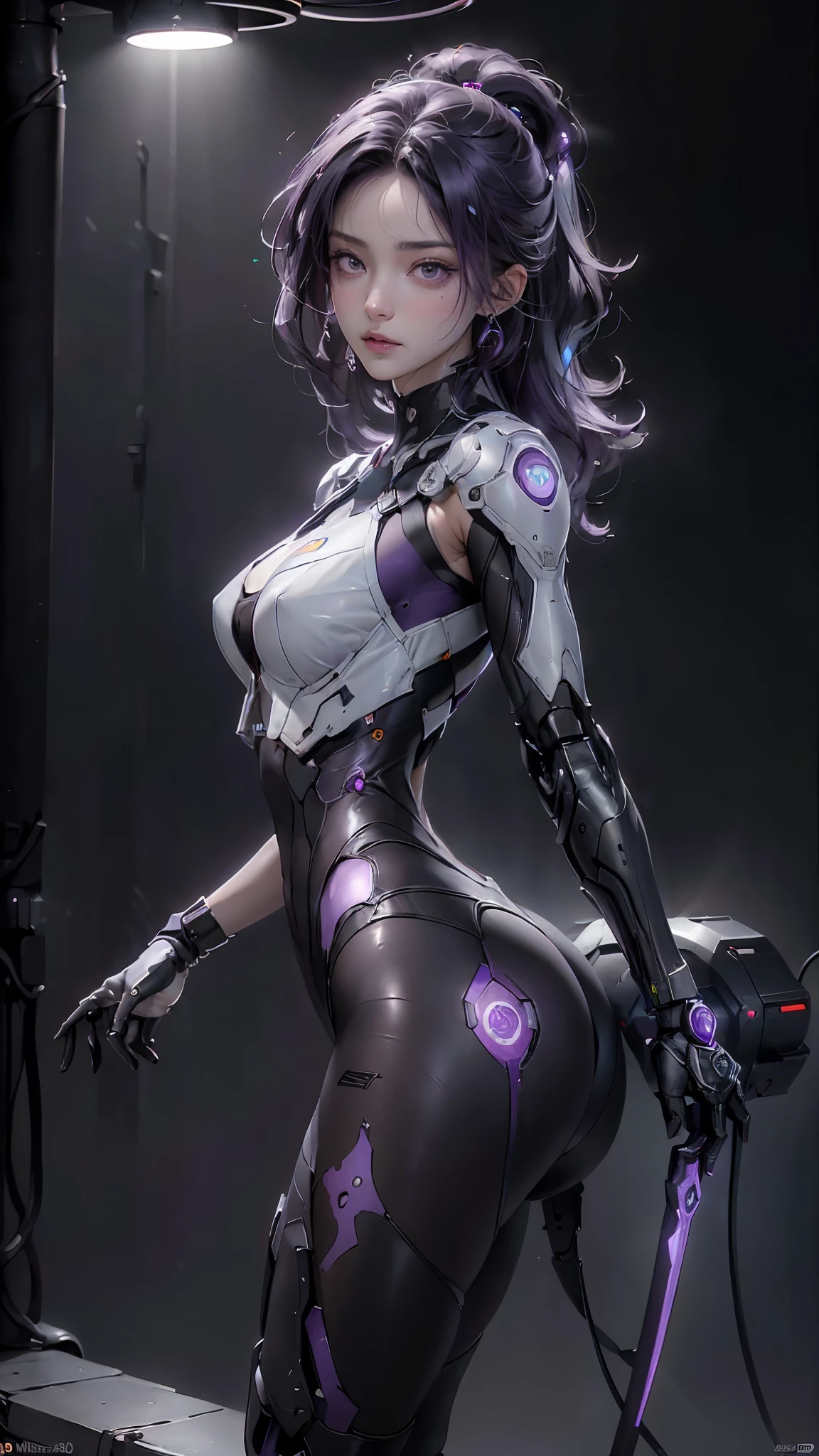 (rear view, backside view)) ,((of the highest quality)), ((obra maestra)), (detalle:1.4), (((Translucent black material with mechanical parts and transparent skin and beautiful woman in cybernetic suit made of gray carbon material))), (((Pale bright with LEDs))), ((pecho abierto)), Piel de las caderas y los muslos, Teletipo (High Dymanic Range), Trazado de rayos, NVIDIA RTX, Super resolution, Subsurface dispersion Textured PBR, Post-procesamiento, Anisotropy Filtering, Profundidad de campos, Sombreado de superficies, Accurate light simulation/Interacciones materiales, proporciones perfectas, two-color illumination, amplia apertura, ISO bajo, balance de blancos, 8k, (((Cameltoe))), NSFW, (((mujer alta))), 25 year old woman, Cyber helmet with dull and bright LEDs, hasta la rodilla, protuberancia, puffy nipple, ((Cyber hood with dull and bright LEDs)), Postura abierta, Disparo de vaquero, Piel de las caderas y los muslos, hermoso cuerpo, Ombligo visible en la piel desnuda, Pecho para sentir la gravedad, (pechos enormes: 1.3), (trasero gigantesco: 1.0), Espacio sencillo y minimalista, Poses sexys naturales, Mirando hacia abajo, Pelo sobre un ojo, (((hermoso cabello muy largo))), (((purple hair))), (((Independencia del color del cabello))),motor irreal:1.4,UHD,La mejor calidad:1.4, fotorrealista:1.4, textura de la piel:1.4, obra maestra:1.8,,(ciberpunk 2.1)