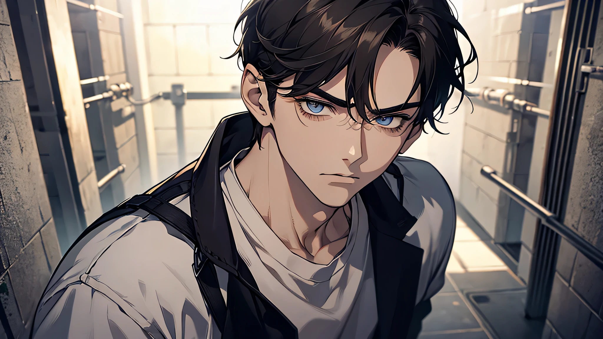 a 21 years old handsome guy,White T-shirt,black long pants,A gentle face,A dark-haired、sad face, frown, Eyes drawn in detail、a handsome、Cinematic power、detailed eyes, detailed face, detailed nose, in a prison, in a prison cell, angry expressions, face full of expressions, stood up, talking something, open mouth