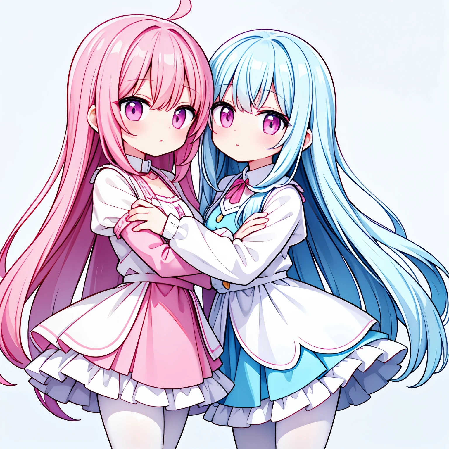 light blue long hair,Pink and white sweatshirt,white pantyhose,pink eyes,white skirt