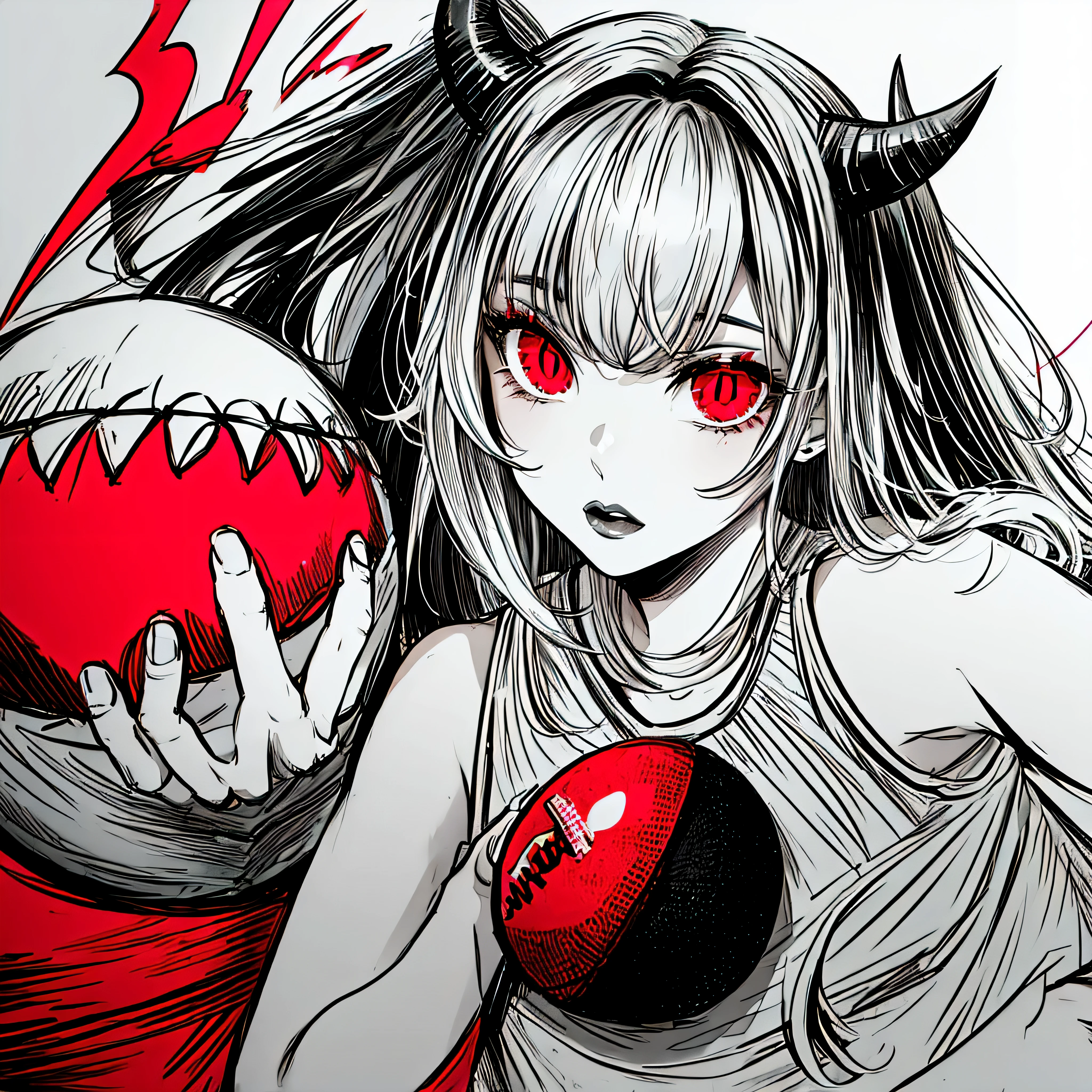 make a portrait of a devil horned girl with a American football ball in her hand, red eyes, in black and white colors