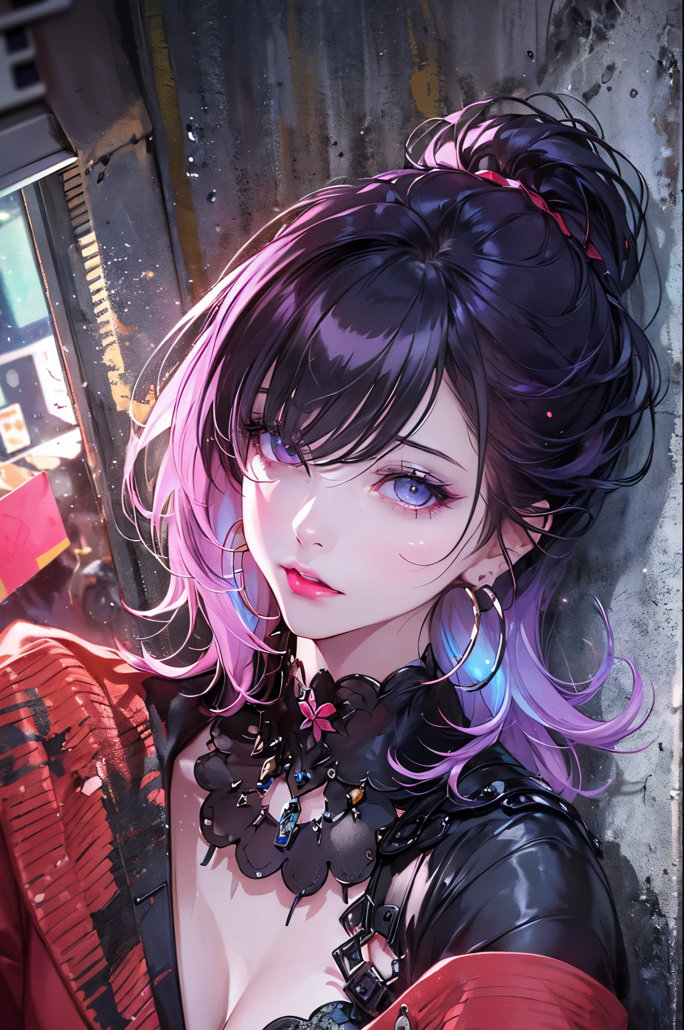 hair above one eye, red eyes, clear eyes, choker, Neon Shirt, torn legwear, open jacket, towards the wall, brick wall, graffiti, shineing grafiti, shineing tattoos, shine, neon light, Black light,anime style, movieポートレート写真, 1 female, 22 years ago, Full body Esbian,Blue eyes background, big and full breasts, anger, (scarlet colored hair), long hair, purple eyes, wearing a short black dress, (natural skin texture vivid details, surreal, (realistic detailed eyes, natural skin texture, realistic facial details), soft and dramatic lighting, Depth of written boundary, Bokeh, vivid details, surreal, 35mm movie, hazy blur, movie,lipstick, ear piercing, eye shadow, hoop earrings, Red-pink lips, 多色のred eyes, purple theme,Wear an iridescent aura,beautiful eyes,stand in front of the red gate,bold pose、upward glance,upper ponytail,Hanging bangs、shoot from below、peeping、Face straight down、Angle seen from the feet,boots,(((Shooting from various angles)),Low - Angle、