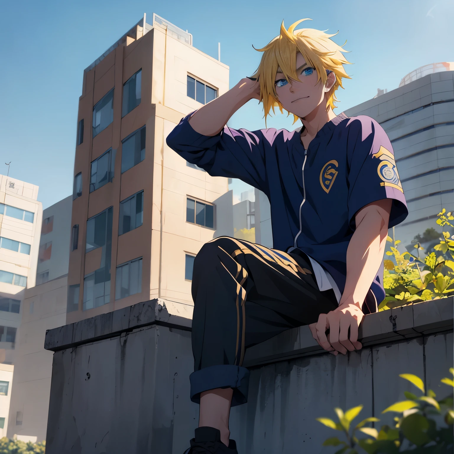 Anime style 4K，Anime rendering，style of anime，China Campus，A yellow-haired young man,  ((Middle-length hair, Blue Eyes))，Wear blue casual attire，On campus rooftop，are Sitting，A smug and arrogant expression