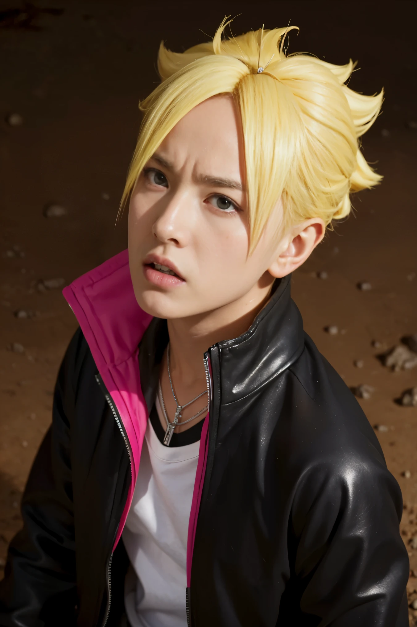 A surreal close-up angle captures boruto from boruto, with his suit visibly damaged and coated in mud, accentuated by a gentle rain effect. His expression is one of anger, adding depth to the scene. This image is characterized by its photorealistic quality, boasting a stunning 32K resolution, intricate graphics, immersive HD cinematic effects, and ultra-HD professional shots, all contributing to its overall impact and realism.  