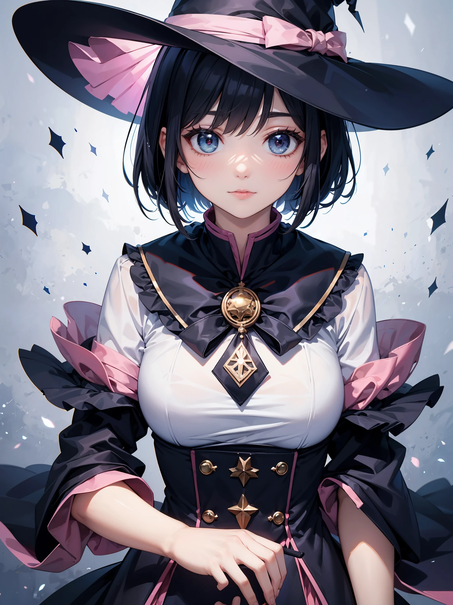 One length bob cut braided black hair，light pink magician hat，dark blue witch，Cute and pretty girl
