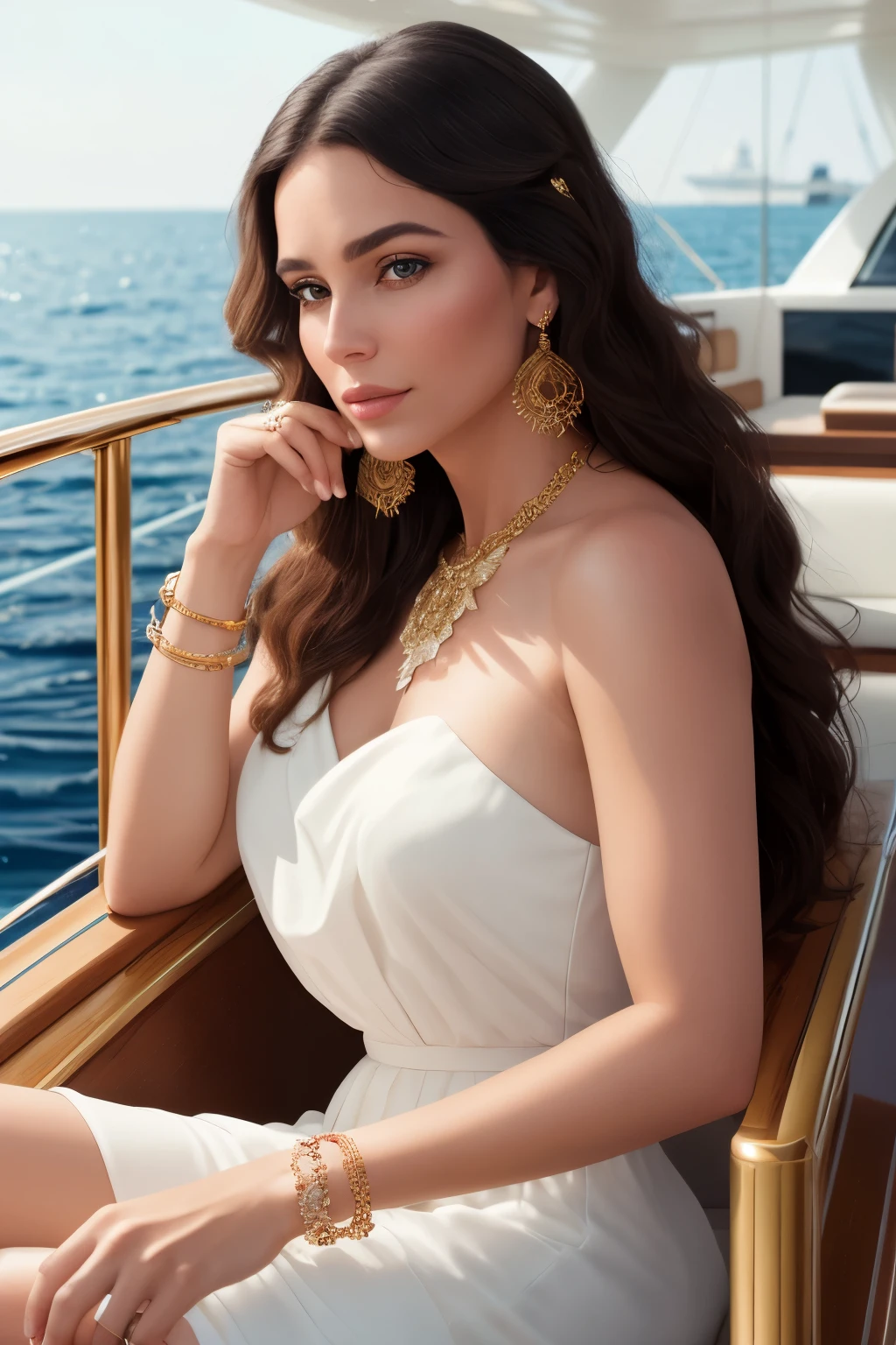 Woman and Jewelry on a Luxurious Yacht: A 35-year-old elegant European woman, dressed in a chic summer dress, adorned with exquisite jewelry, poses confidently on the deck of a fancy yacht. The sun-kissed water reflects the opulence of the scene, while a sleek, expensive car rests nearby. The perfectly composed image showcases clear, rich colors and insanely detailed octane render, trending on ArtStation. The 8K artistic photography captures every intricate detail of the woman's face, her jewelry, and the yacht's surroundings. Soft natural volumetric cinematic lighting creates an ambiance of