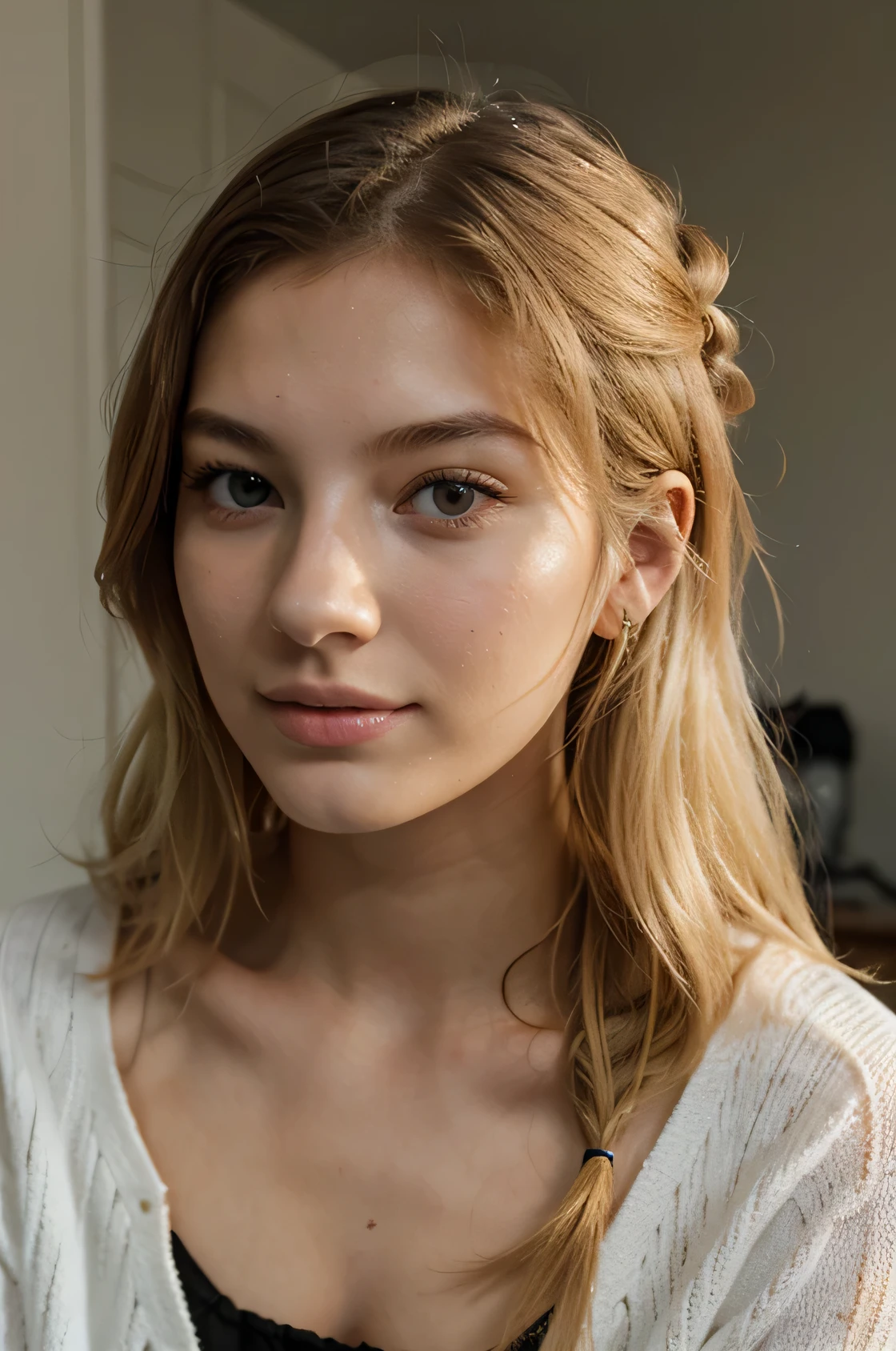 ASCII(eye level, close up on face:1.2) photo of <lora:hannahstein_v1:.9> HannahStein,
she is wearing plaid swim briefs ,
her hair is styled as bohemian bun,
she is wearing stud earrings,
BREAK she is (in the shed:1.1),
warm golden hour lighting,