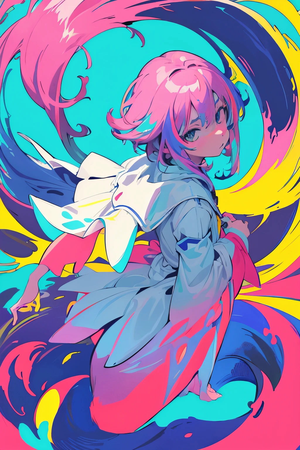 (flat color:1.1),(colorful:1.3),(masterpiece:1.2), best quality, masterpiece, highres, original, extremely detailed wallpaper, looking at viewer,1girl,solo,floating colorful water,