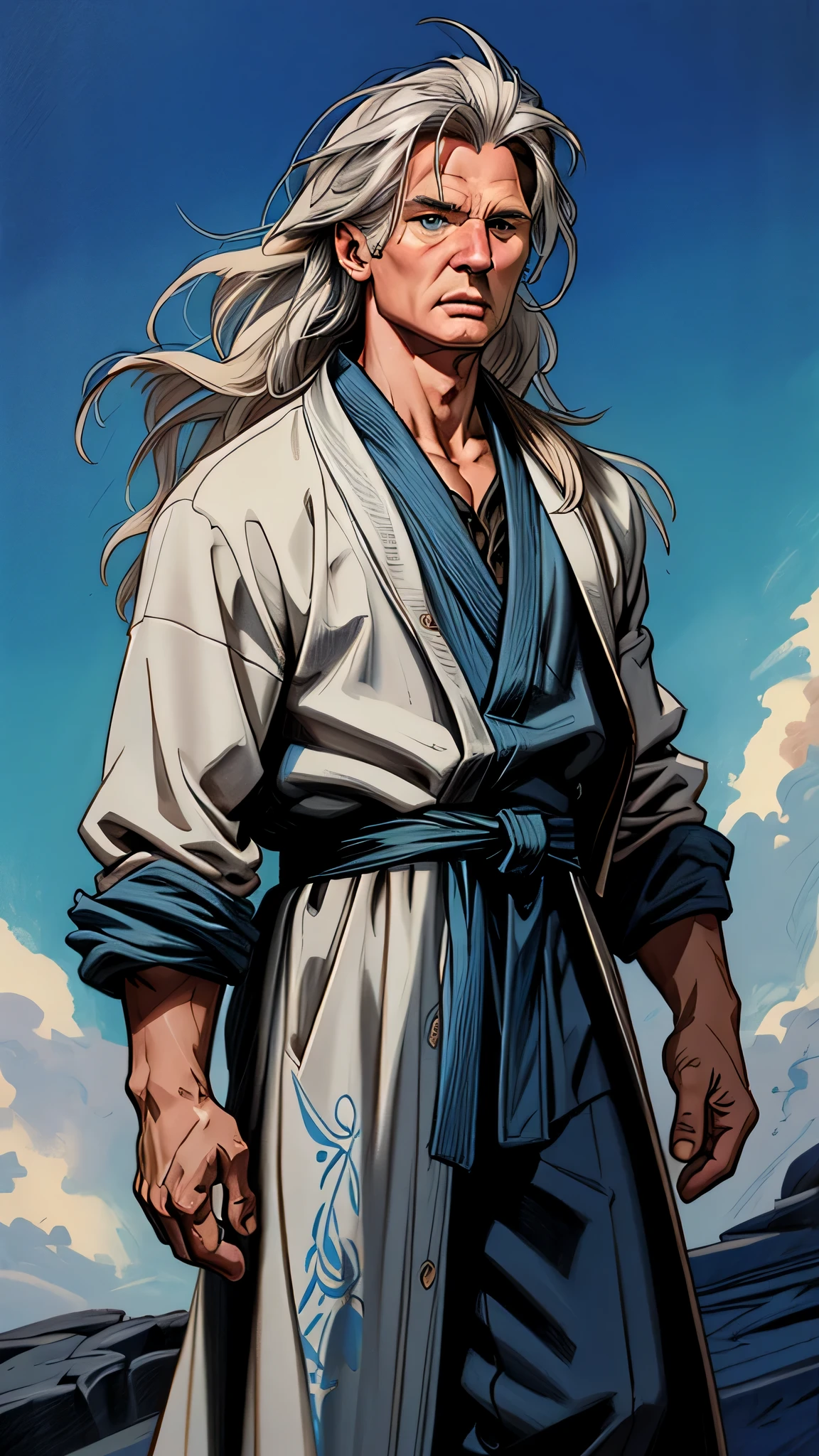 Liam Neeson as Fujin from Mortal Kombat, God of Wind, elements of air, tall and muscular figure, long, flowing white hair, bright blue eyes, traditional robe, accessories adorned with wind motifs, intricate, high detail, sharp focus, dramatic, photorealistic painting art by greg rutkowski