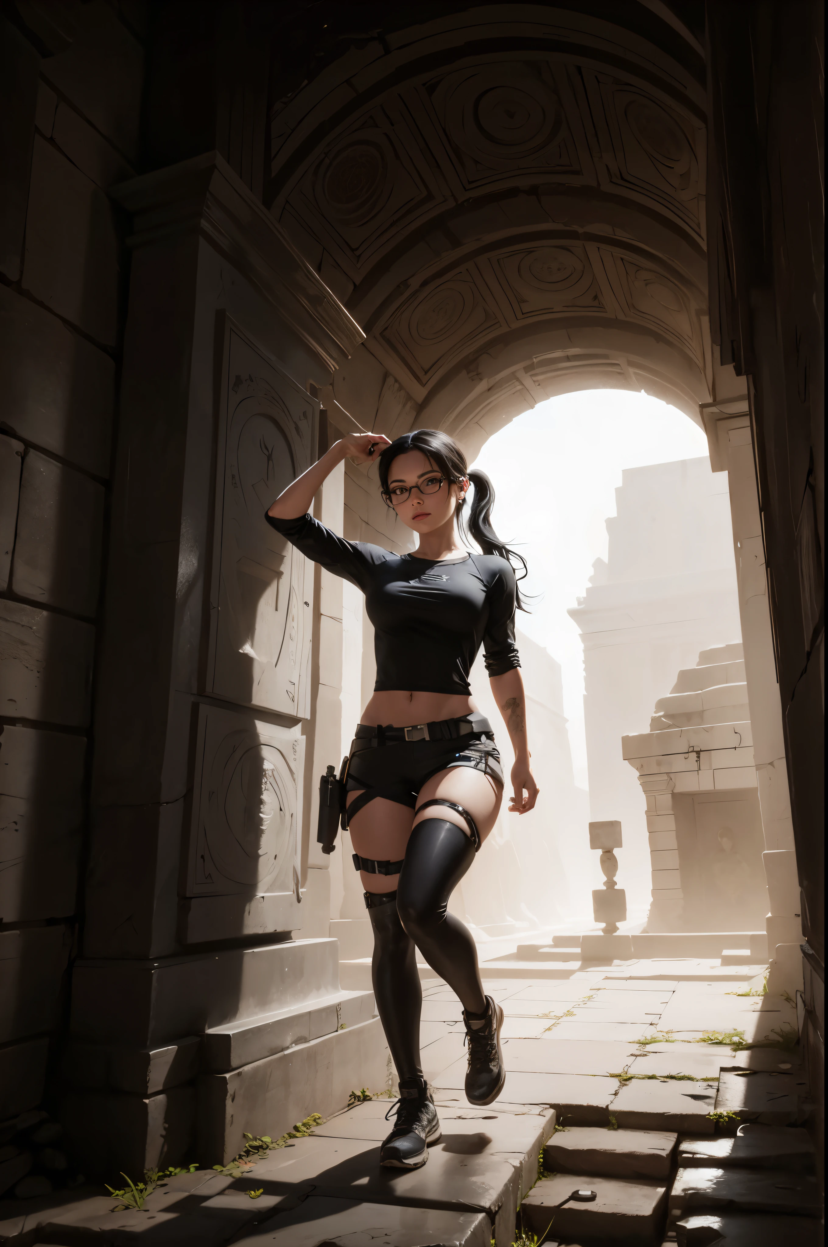 Wide-angle shooting, Beautiful young explorer, Long black hair in a ponytail, smooth, wear glasses, Wear the Tomb Raider outfit., In an ancient tomb..