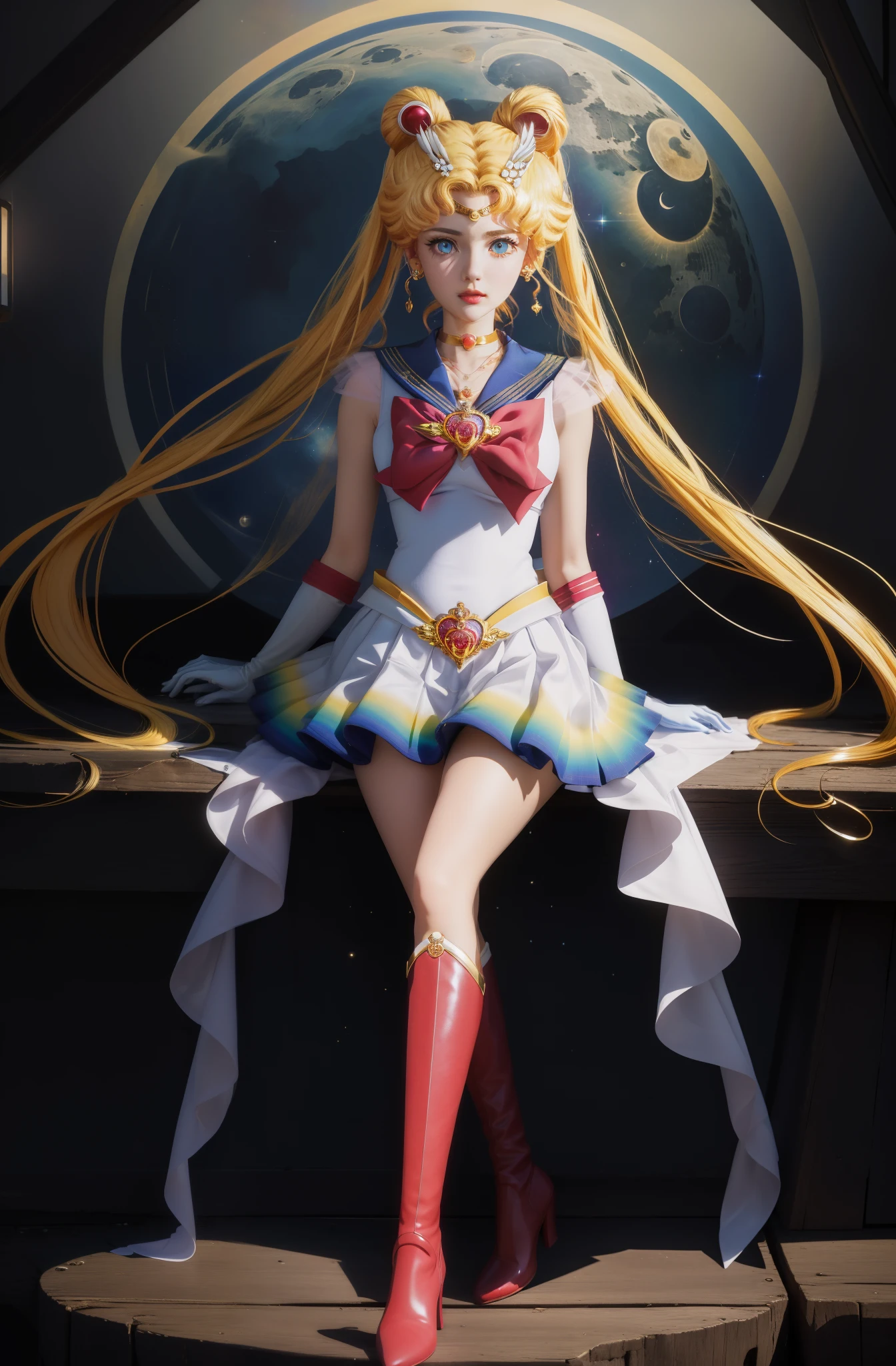 masterpiece, best quality, (1 girl), supersailormoon, Denim shooting, night sky, moonlight, night, White gloves, blue eyes, Galaxy background, Colorful clothes, Sailor uniform, Multicolored skirts, hair accessories, red bow tie, brooch, Heart brooch, earrings, new moon, Heart necklace, Heart, very long hair, new moon moon earrings, crown, necklace, boots, knee boots, red shoes